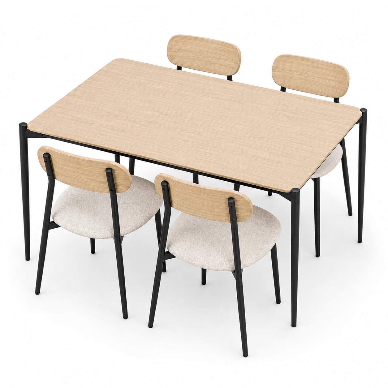 Set Tavolo e 4 Sedie moderno per Cucina e Sala da Pranzo, Tavolo Rettangolare 110x70 cm con Struttura in Metallo Nero, Piano MDF Effetto Legno, Sedie Imbottite in Tessuto, Set 5 Pezzi 4 Posti (Rovere)