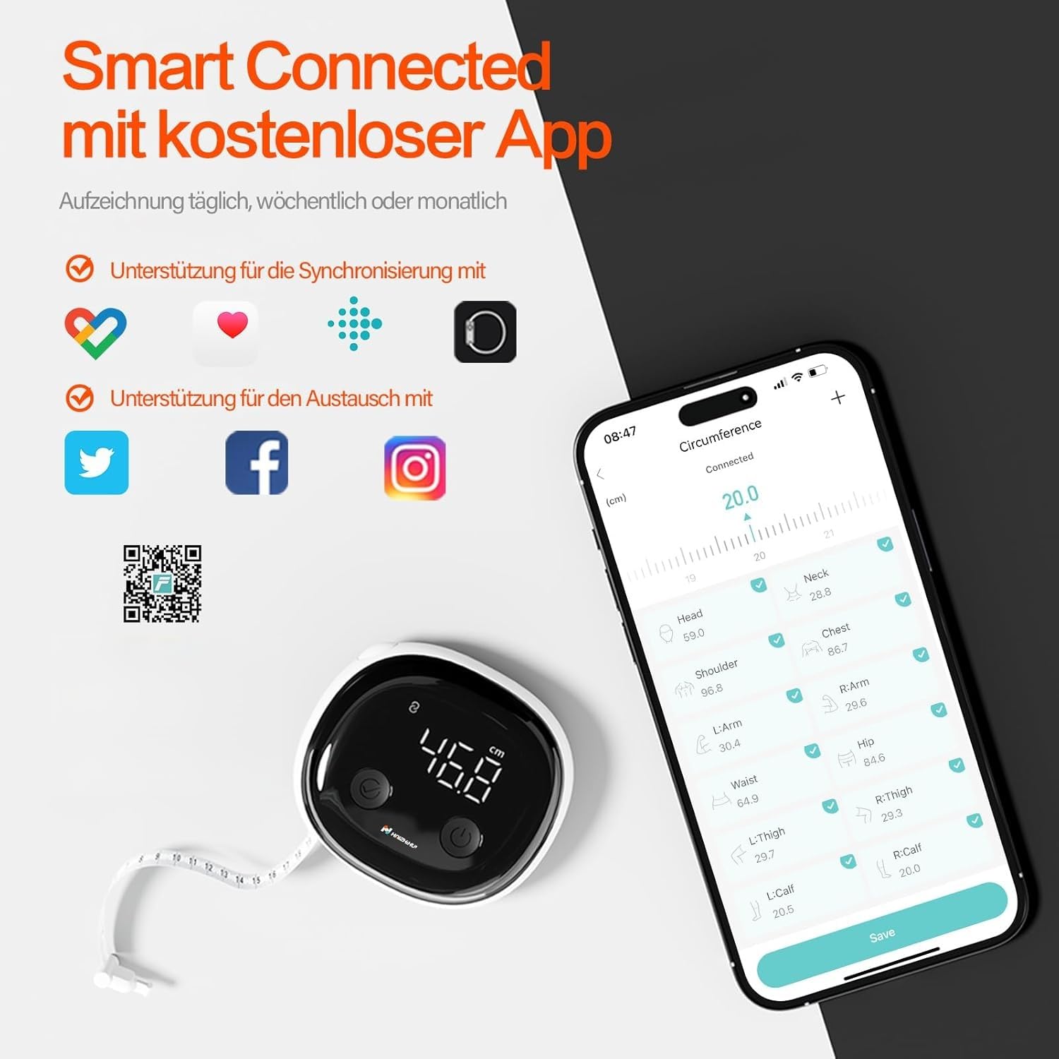 Fitdays Smartes Körpermaßband mit Bluetooth & LED-Bildschirm | Körperfett-BMI-Messung + App-Tracking für Fitness/Abnehmen | Automatisch Einziehbar & Tragbar (Schwarz)