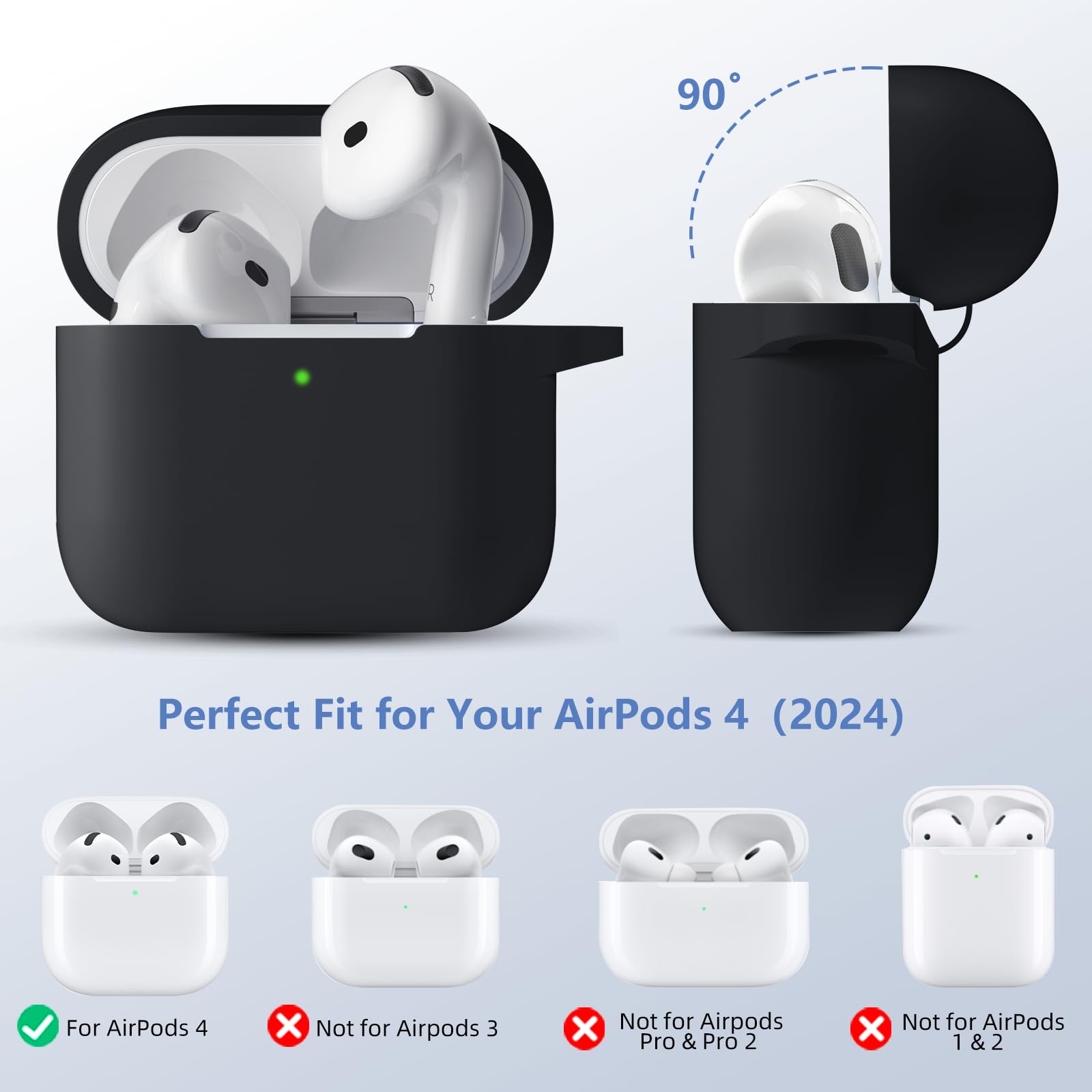 Maledan Cover Compatibile con AirPods 4 2024 Custodia, Case Protettiva Antiurto in Silicone Morbido per Apple AirPods 4 Generazione Custodia con Kit di Pulizia e Moschettone [LED visibile],Nero