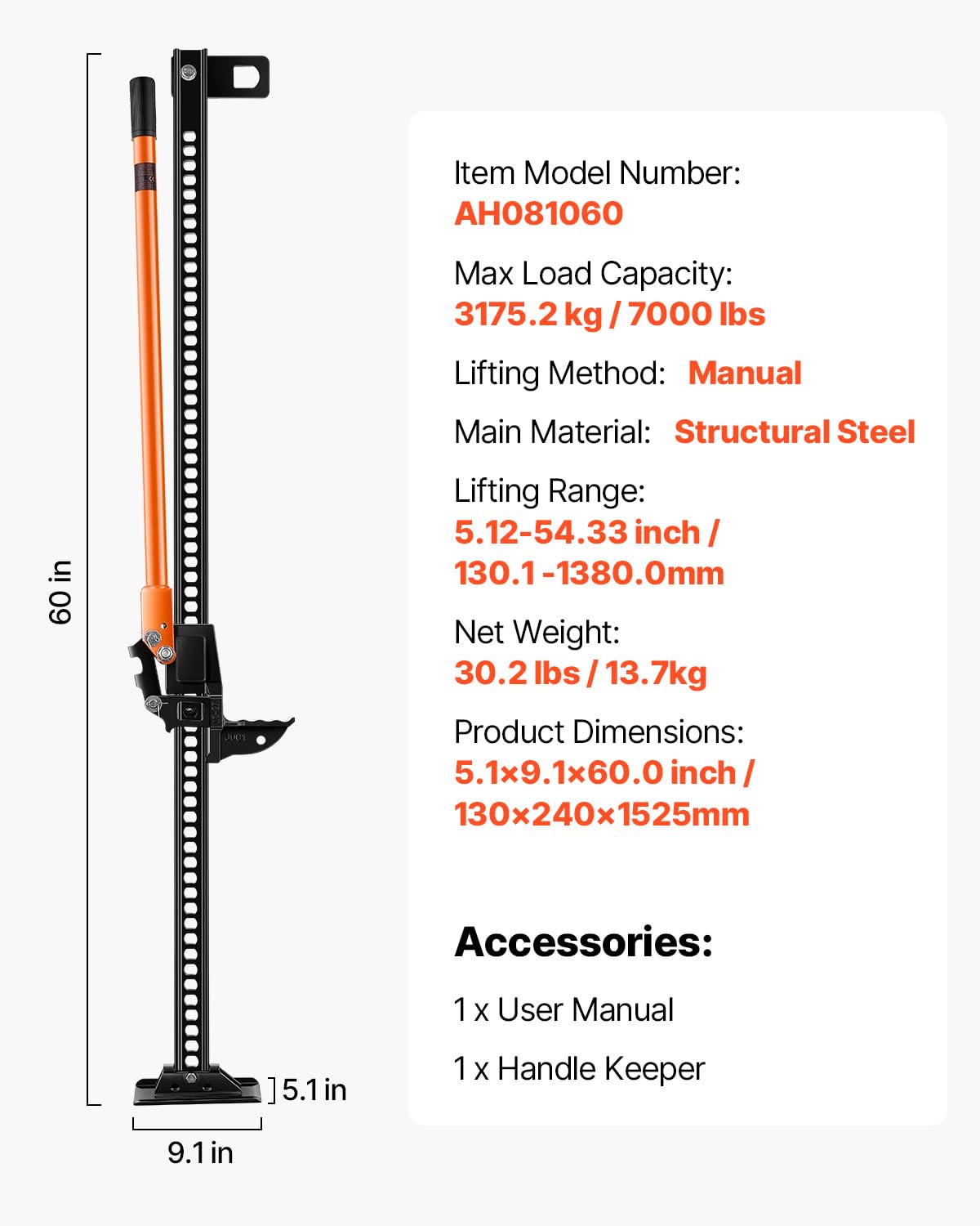 VEVOR Gato Agrícola 153 cm con Elevación Alta y Trinquete Carga Máxima de 3,18 T para Uso Todoterreno de Alta Resistencia con Rango de Elevación de 130,1 a 1380 mm para Tractor, Camión, SUV