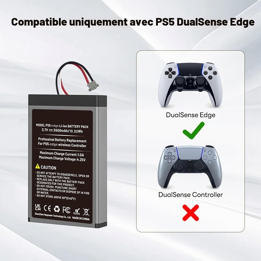 1 batterie pour PS5 Dualsense Edge, mise à niveau 2026 haute capacité 3600 mAh batterie rechargeable pour manette PlayStation 5 Dualsense Edge avec kit d'outils