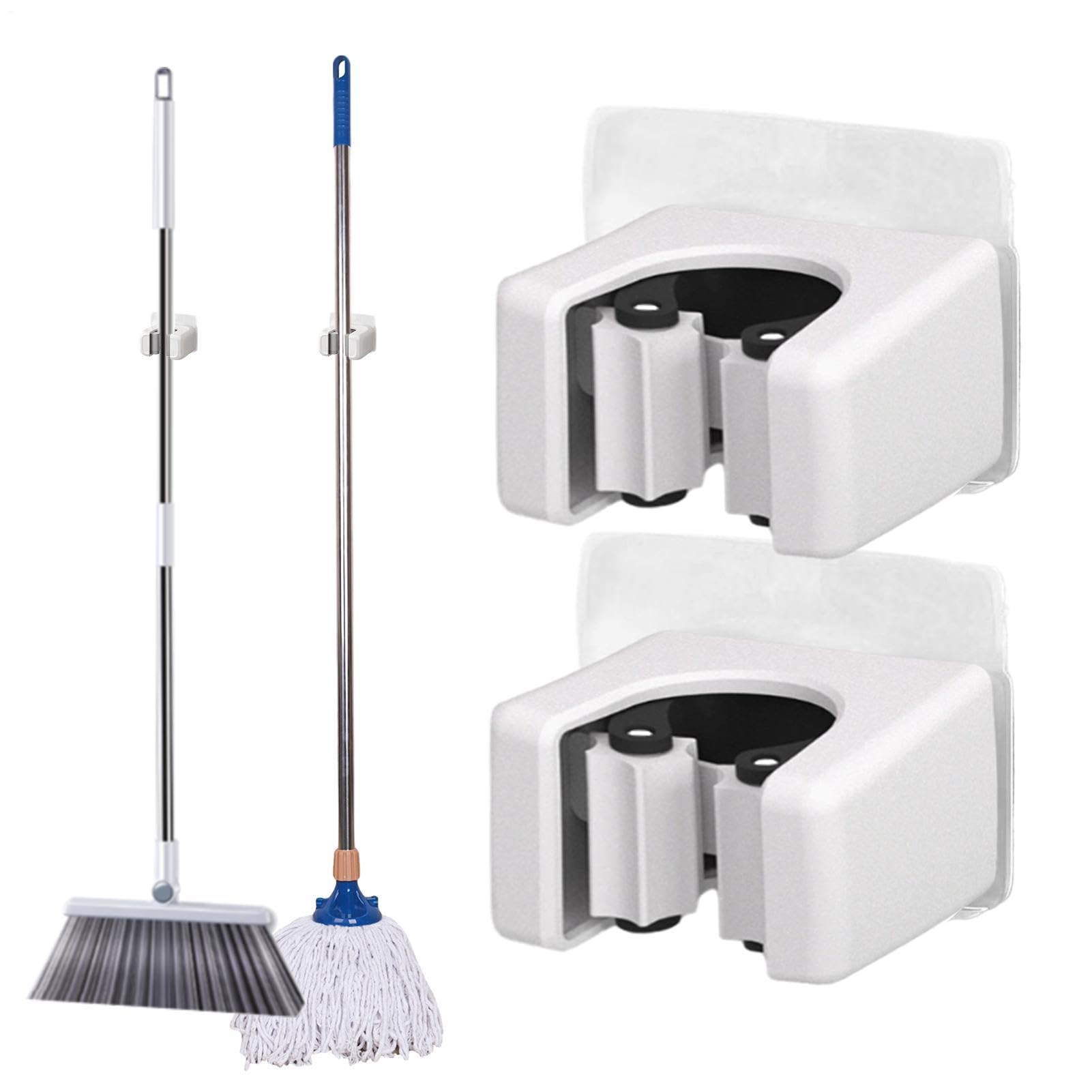 Broom Mop Holder - Wall Mounted Broom and Mop Holder | Mops Handle Hook | 2-Piece Heavy Duty Adhesive Organizer, PP Material, No-Drill Wall Storage Rack for Home, Kitchen, Bathroom, and Garage