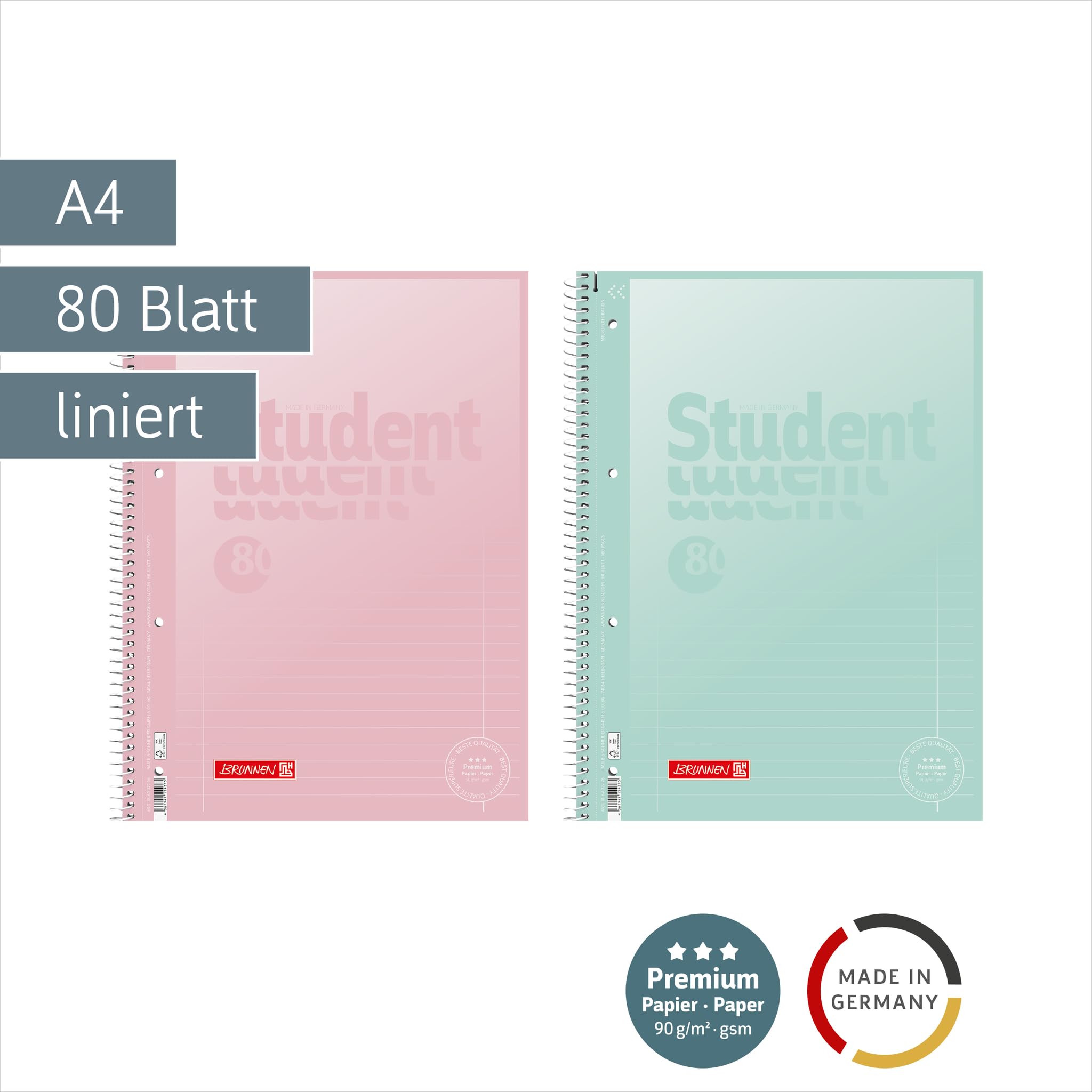 BRUNNEN Collegeblock Premium Student "Pastel" | A4, liniatura 27, 80 arkuszy, sortowane