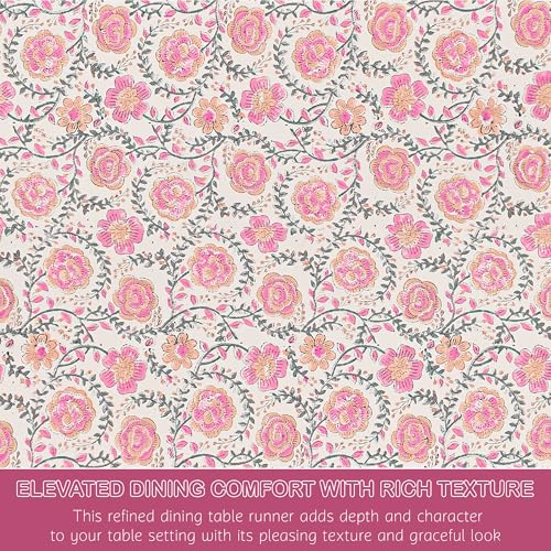 Image of Kuber Industries 13x72 Inch Dining Table Runner for Home Decor | 6 Seater Cotton Table Protecter Use for Kitchen & Buffet Cabinet | Flower Print - White & Pink