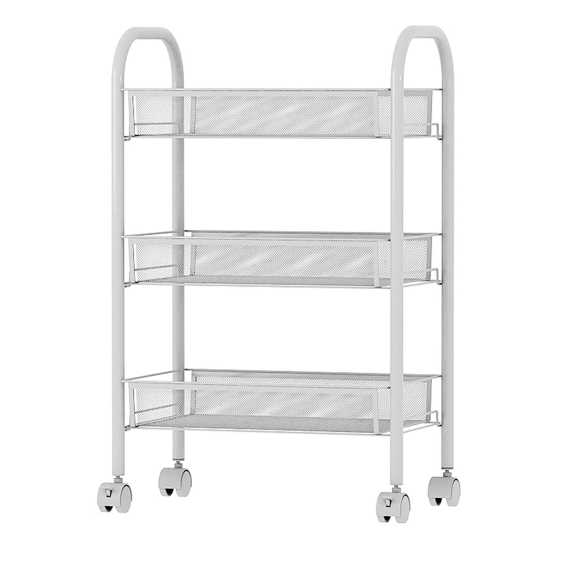 simpa3 Tier Metal Multipurpose Wheeled Storage Basket Trolley Utility Cart - White 64cm (H) x 44cm (W) x 27cm (D)