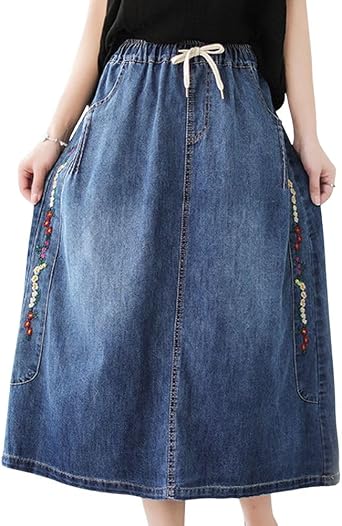 chouyatou Womens Floral Embroidered Denim Skirt A-Line Drawstring Waist Midi Long Jean Skirt with Pockets