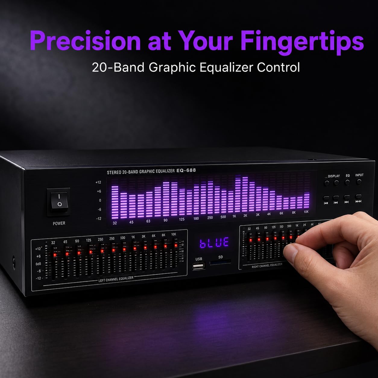 Égaliseur graphique stéréo 20 bandes avec affichage du spectre LED, réglage ± 12 dB, réduction du bruit, 15 styles dynamiques, télécommande pour système audio domestique