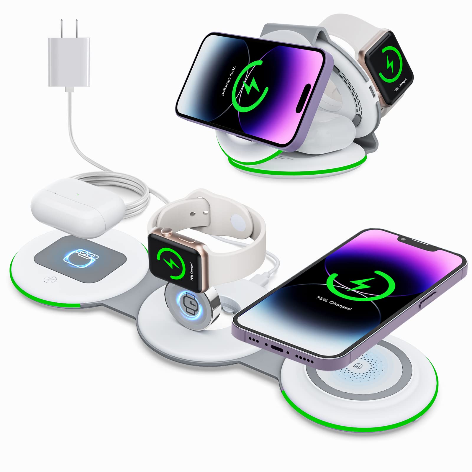 DLveerFoldable Wireless Charger 3 in 1,Wireless Charging Station for Multiple Devices,Magnetic Travel Charging Station for iPhone 14 13 12 Pro/Max,AirPods 3/Pro 2/Pro,iWatch(Adapter Included), White