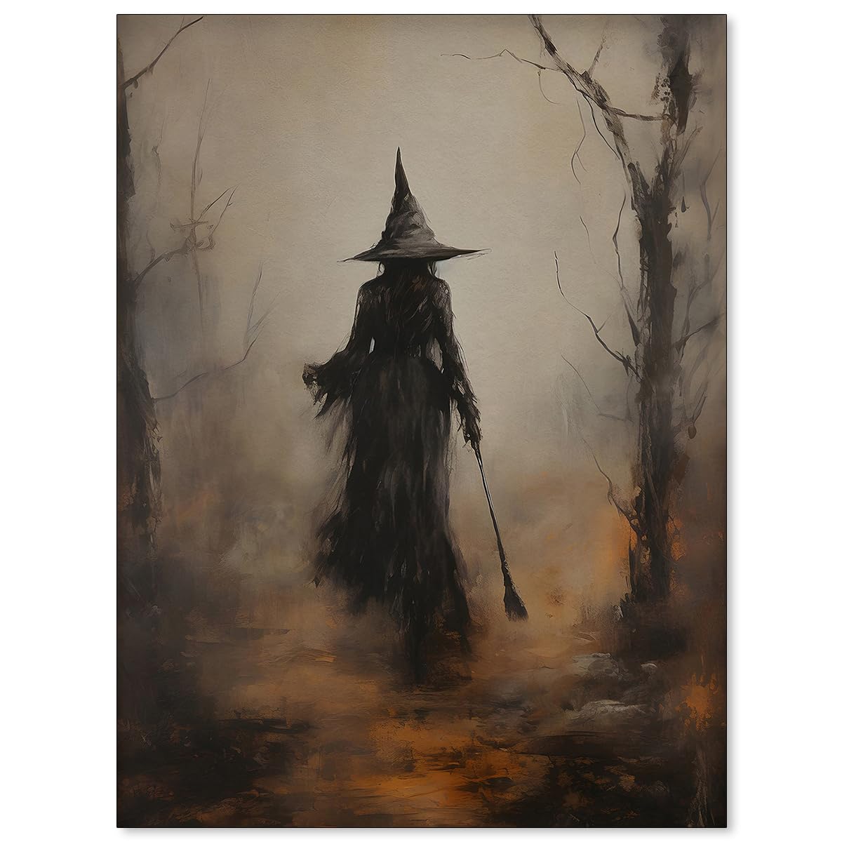 WBSTGUE Vintage Rustic Witch Posters Halloween Canvas Wall Art Witch in The Forest Painting Prints Goth Dark Moody Wall Decor for Living Room Bedroom 12x16inch Unframed