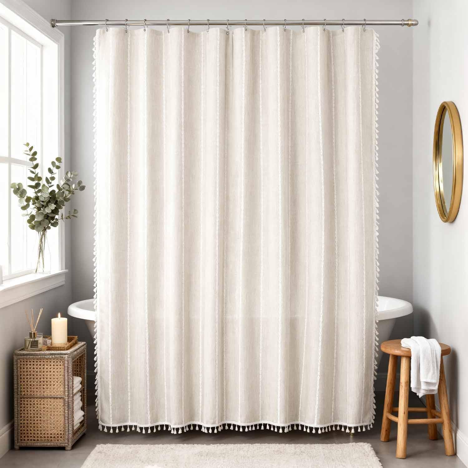 WELTRXE Boho Long Shower Curtain, Modern Farmhouse Shower Curtain Set with Tassels, Rustic Bathroom Decor, Heavy Duty Fabric Water Repellent with Hook, Beige/Cream, 72x78 Inches