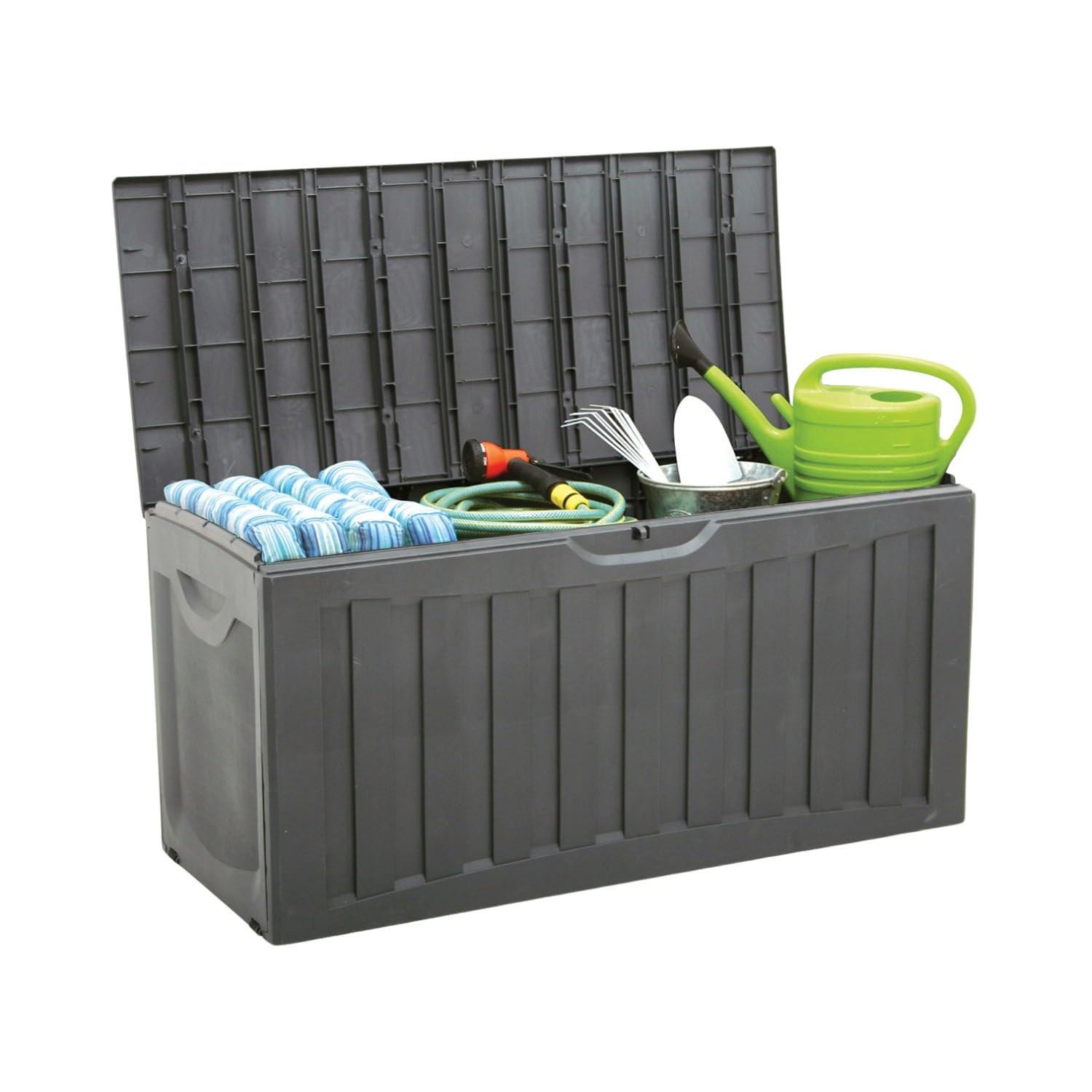 THINIA HOME Baule esterno in resina per giardino, terrazza o balcone, cassapanca impermeabile per oggetti e giocattoli, 340 litri, 118 x 53 x 57 cm