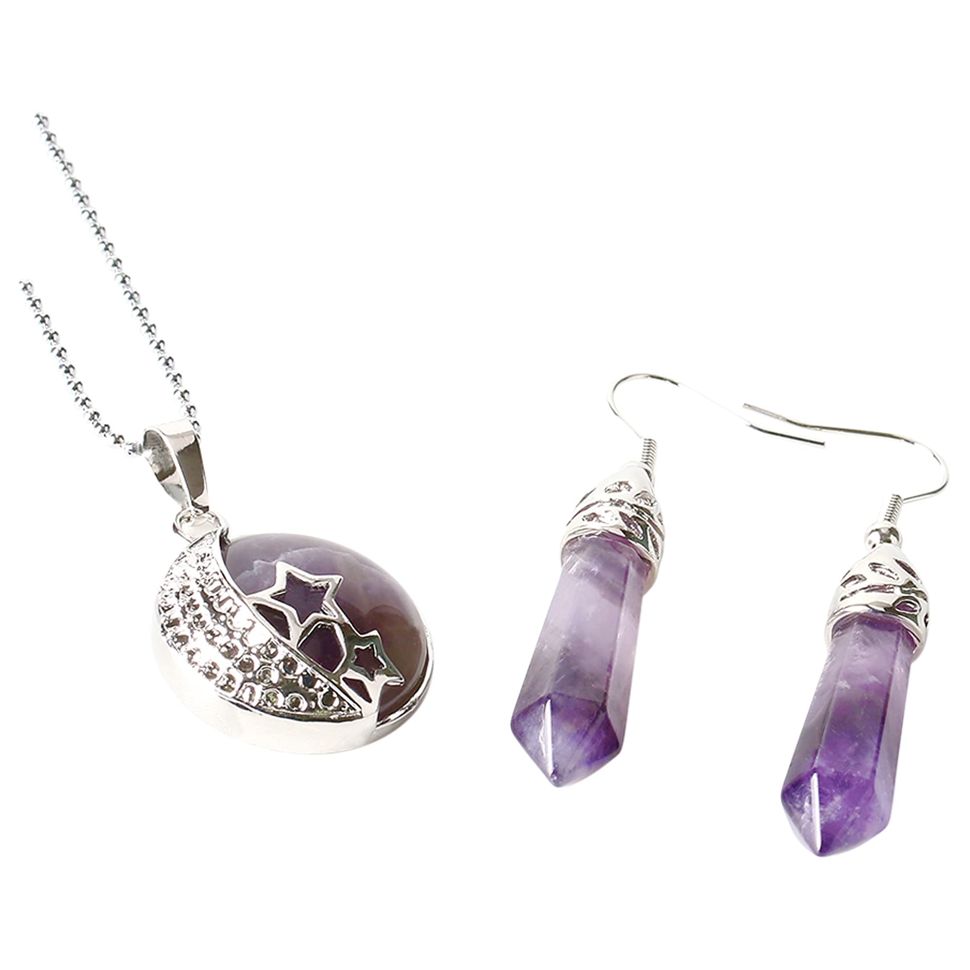 Helena Rose JewelleryJewellery Gift Set For Women Silver Moon Stars  Necklace Drop Earrings Real Natural Crystal Quartz Gemstone Pendant