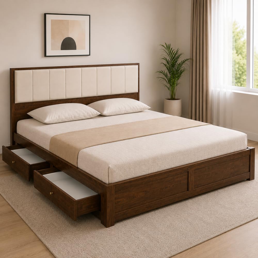 FOSEN Queen Size Storage Bed with Upholstered Headboard & 2 Pull-Out Storage Drawers | Engineered Wood Bed Frame with Melamine Finish | Heavy Duty Platform Bed for Bedroom | Walnut Finish-image-39