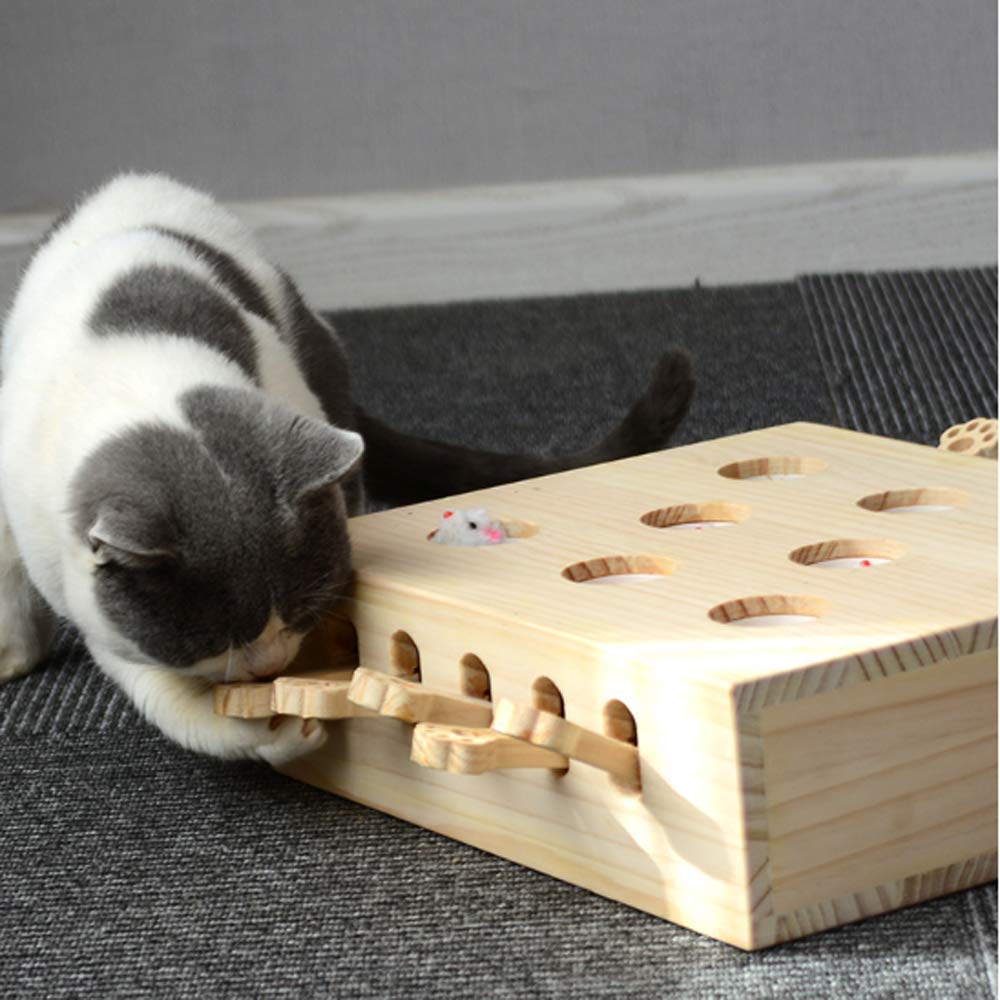 DjfLight Interaktives Haustier Katzenspielzeug, Holz, Spielzeug, Maulwurf Maus, Puzzle Box mit süßen Cartoon Spielzeugen für Katzen, Jagd, Spielen, Trainieren, Kratzen – 8 Löcher,A
