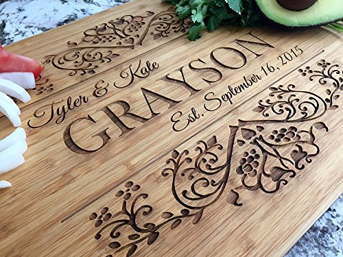 Personalized Cutting Board Wedding Gift for the Couple - Custom Cutting Board Wood Engraved (11" x 17" Single Tone Bamboo, Grayson Design) - Closing Gift for Home Buyers