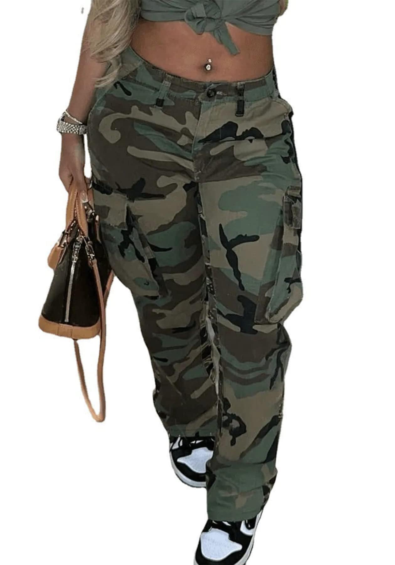 NRTHYE Women High Waist Camo Cargo Jeans