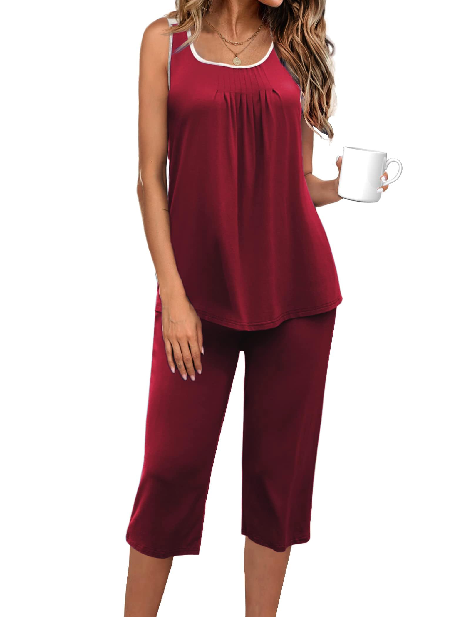Ekouaer Capri Pajama Sets for Women 2 Piece Soft Cute Pjs Round Neck Sleeveless Lounge Set for Summer