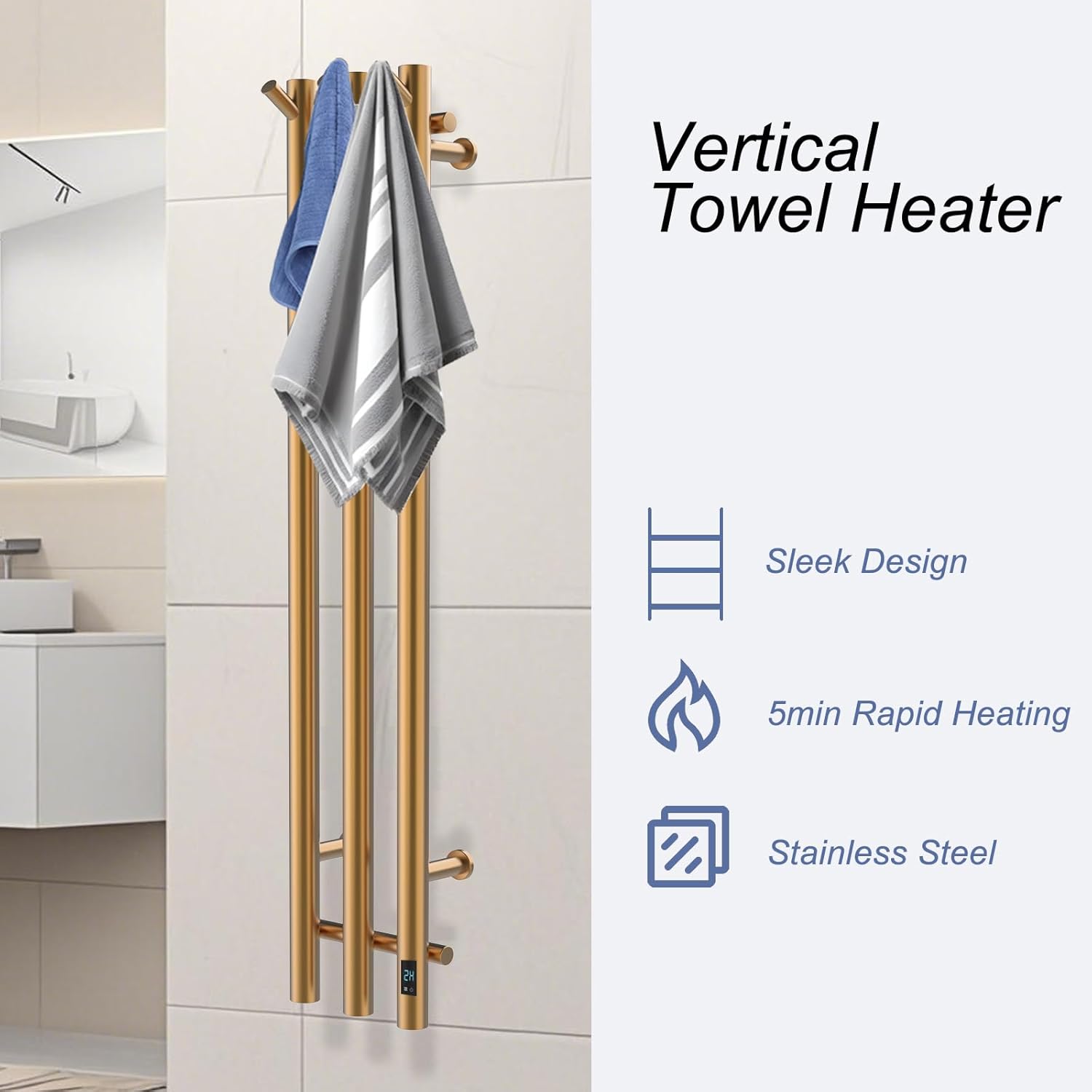Electric Heated Towel Rack with Timer, Wall-Mounted Towel Warmer, 3 Vertical Bars, Plug-in or Hardwired, 37.4 Inch Height, Round Design (Gold)