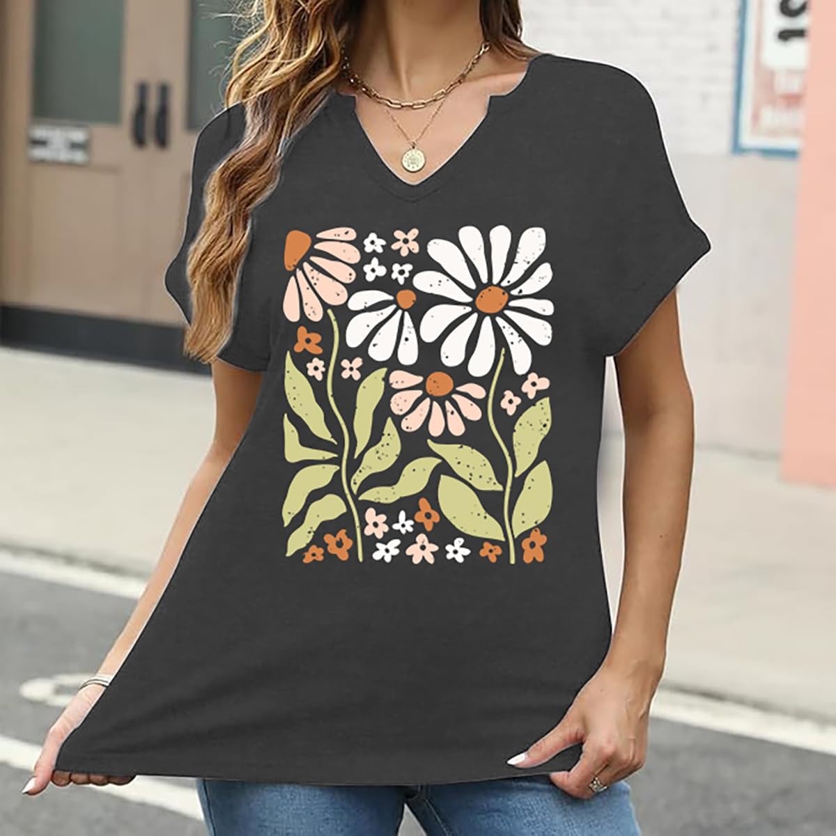 Womens Vintage Flowers V Neck Shirt Casual Floral Print Tee Shirts Cute Wildflowers Graphic Cottagecore Tops - Image 4