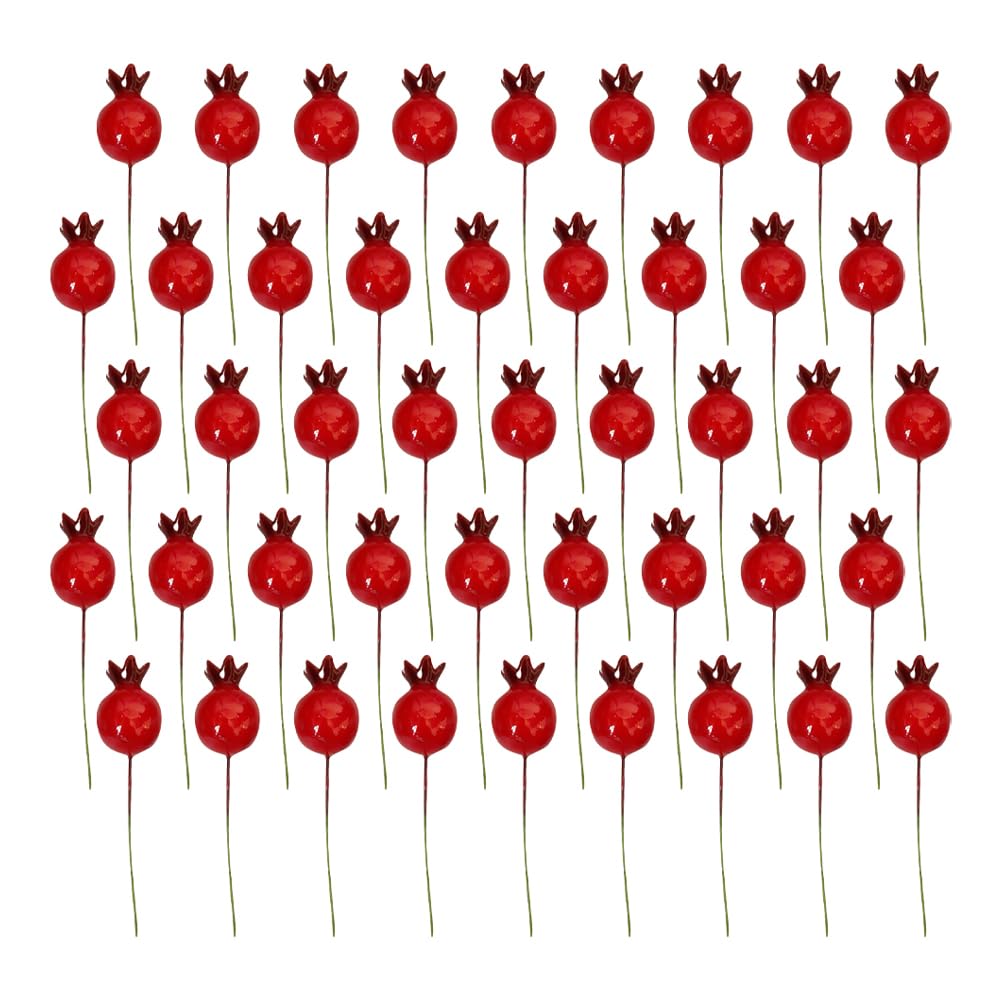 HugeDE 50 Pcs 2cm Small Faux Pomegranates Lifelike Artificial Pomegranets Realistic Fruits Fake Pomegranate Decorations with Stem for Christmas Crafts