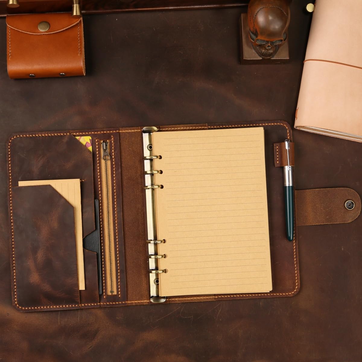 Vintage A5 Leder Planer mit Reißverschluss, Handgefertigte Ringbuchhülle aus Echtleder für Reisen, Büro & Alltag, Nachfüllbar (Dunkelbraun)