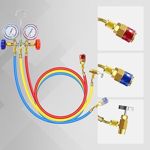 Miniatura 7 de Juego de manómetros de diagnóstico de colector de CA de 3 vías para R134a R404a, con mangueras de carga de 3 pies Adaptador de acoplador rápido y