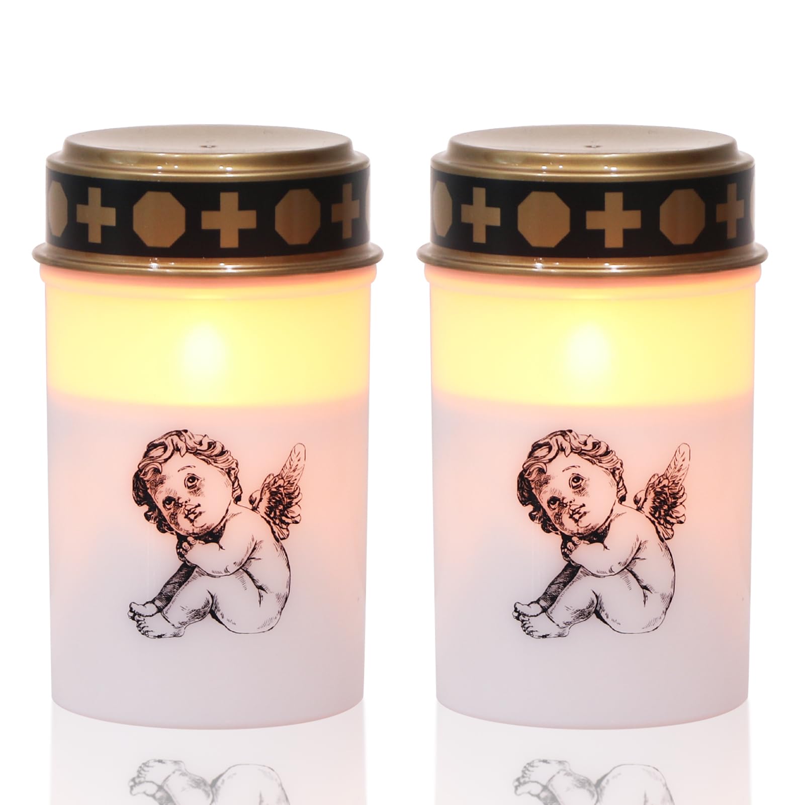 Eldnacele Weiße flackernde LED Grabkerzen mit 6-Stunden-Timer, batteriebetrieben, wasserdichte flammenlose Grabkerzen-Gedenkkerze (2er Pack, weißer kleiner Engel)