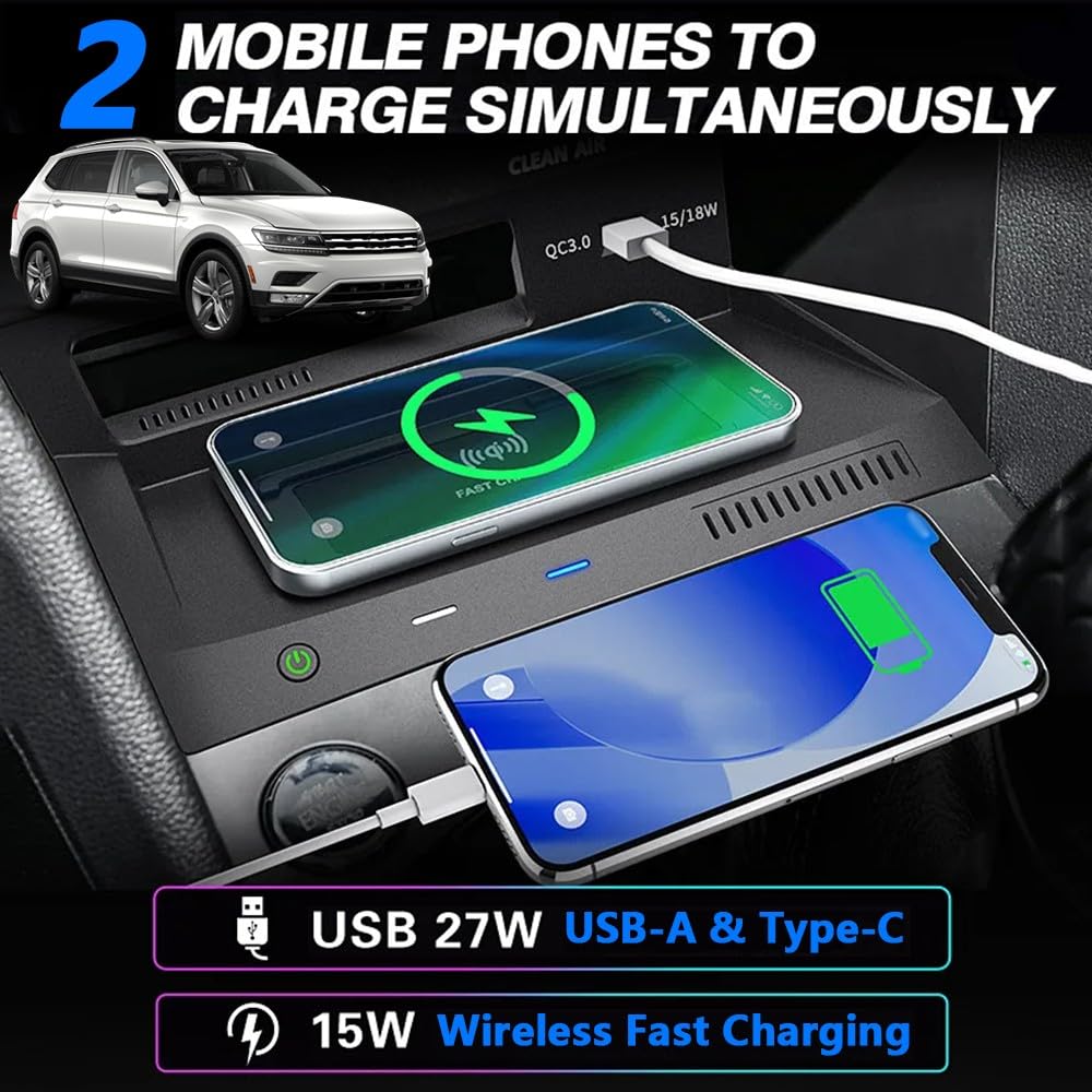Cargador de Coche Inalámbrico para Volkswagen VW Tiguan 2017 2018 2019 2020 2021, 15W Carga Rápida Coche Teléfono Cargador con 18W QC3.0 USB, para Volkswagen Tiguan Interiores Accesorios