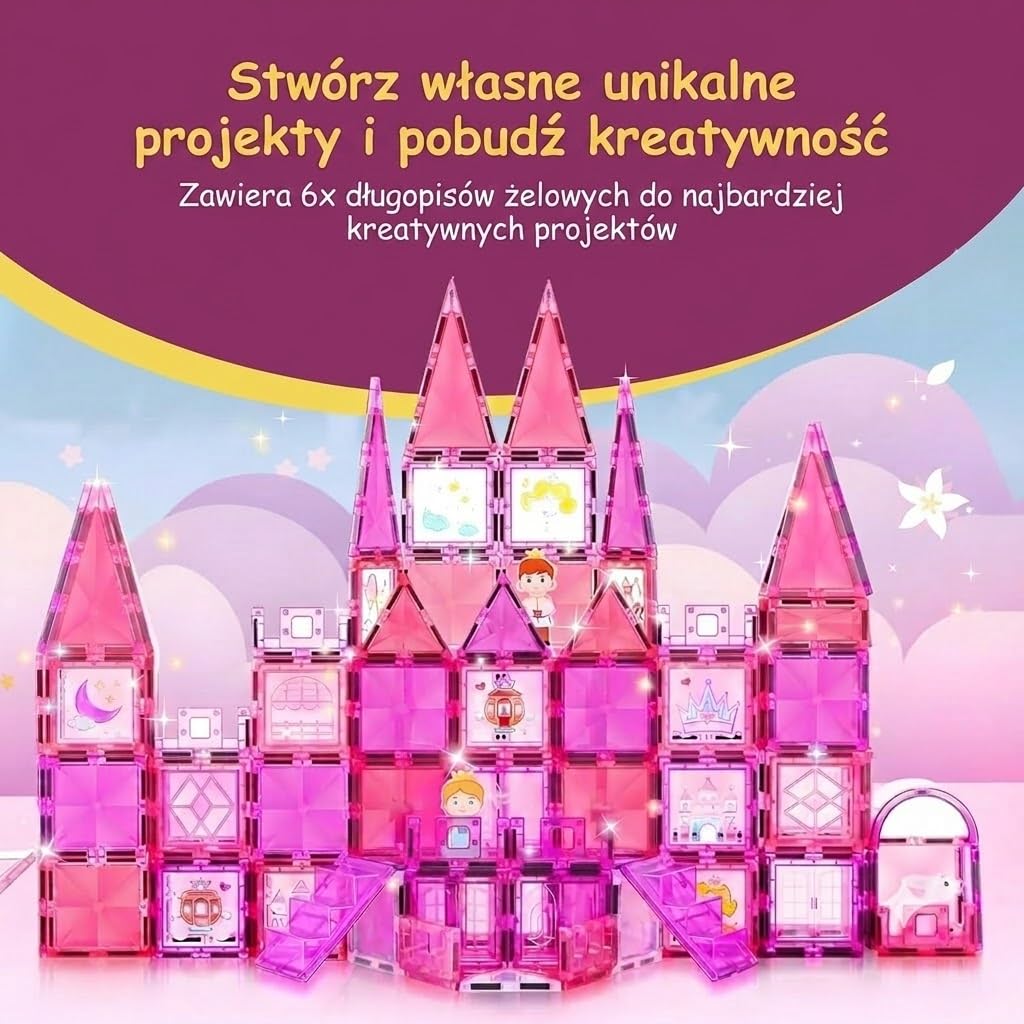 Olvy Klocki Magnetyczne Montessori 80 Elementów Księżniczka – Zabawka Edukacyjna dla Dzieci od 3 Lat – Magnetic Tiles