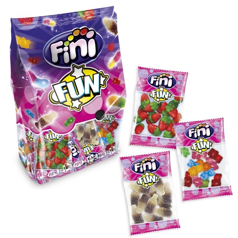 Caja Fini Fun | Surtido Gominolas | Fresas, Ositos, Moras y Coca Colas | Sin Gluten | 6 unidades con 18 mini bolsas (325 gr)