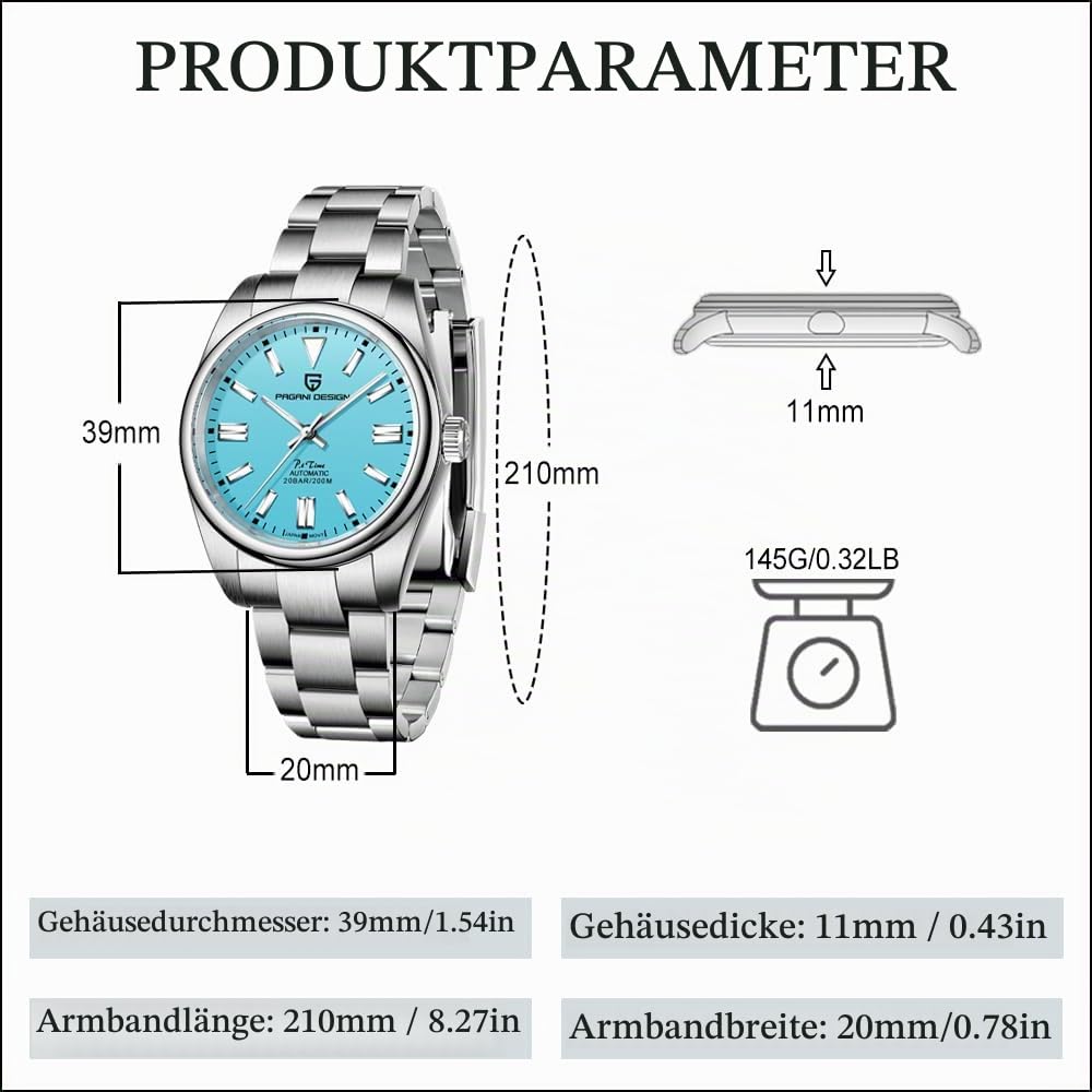 Pagani Design Herrenuhr Automatik Mechanische Uhr Japanisch Miyota 8215 Uhrwerk 39mm Luxus Edelstahl Saphirkristall Taucheruhren Herren