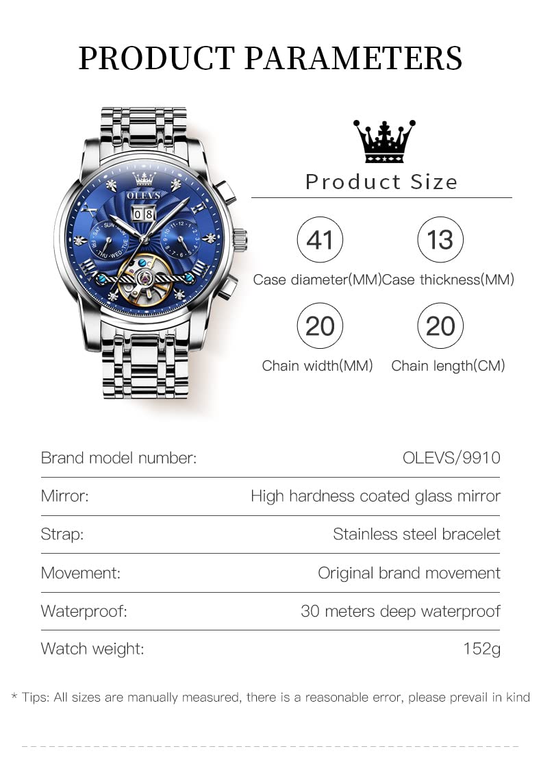OLEVS Montre Automatique pour Homme - Mécanique Squelette à remontage Automatique - Montre de Luxe - Phase de Lune - Lumineuse - Jour - Date - Étanche