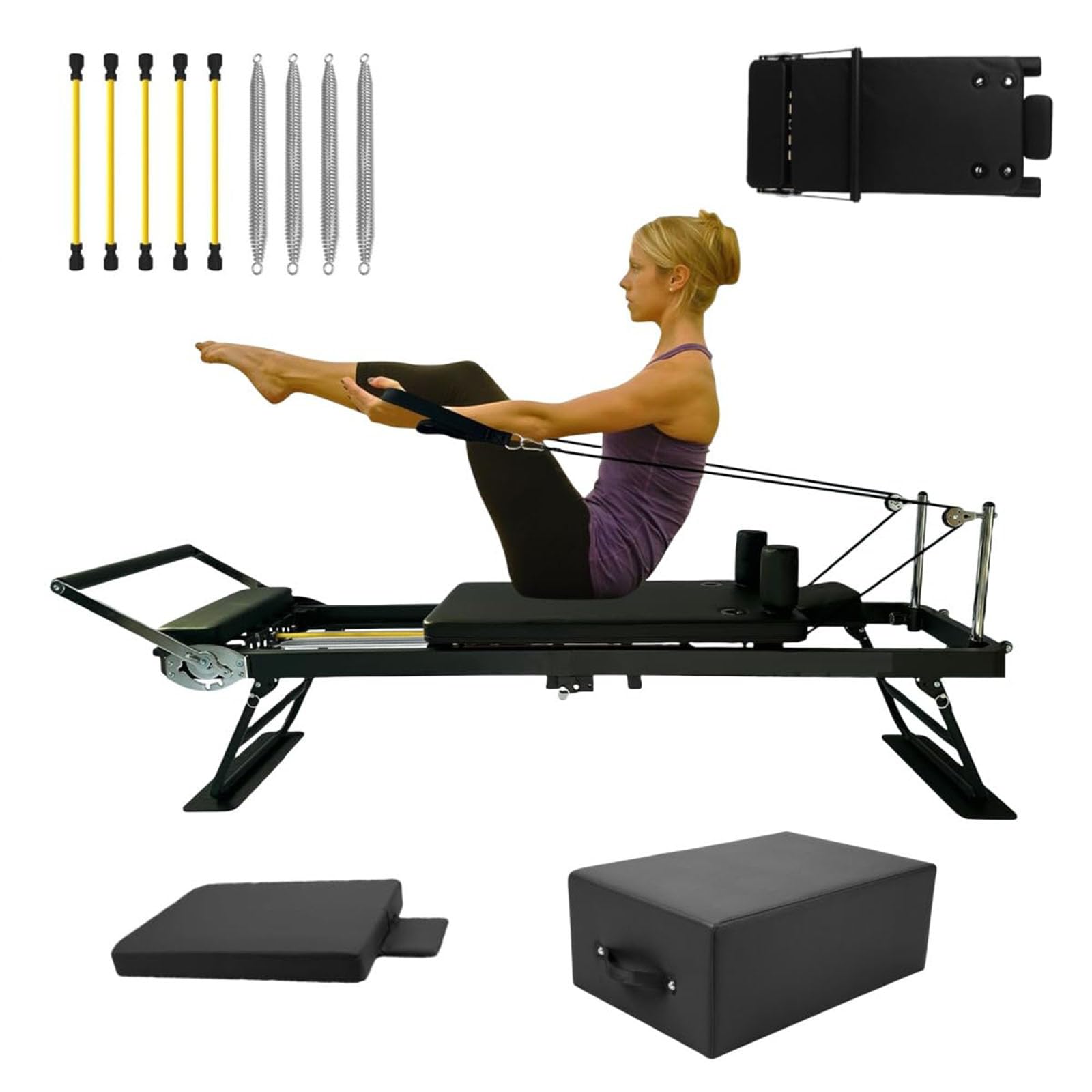 Pilates Reformer Maschine für Heim-Fitnessstudio, faltbare Core Workout Ausrüstung mit Dual Resistance Federn und Schnüre
