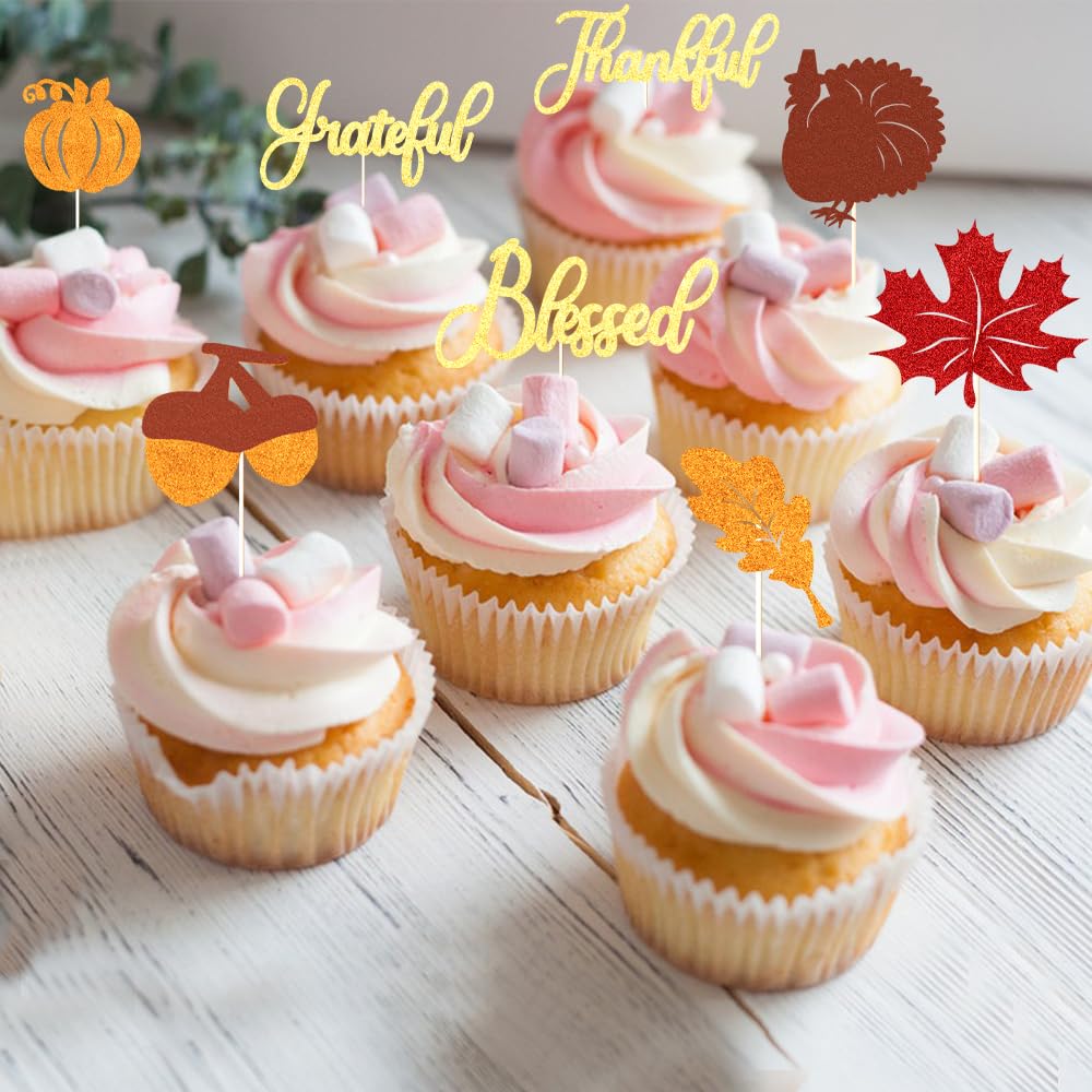 Qertesl 24 Pieces Thanksgiving Cupcake Toppers, Autumn Theme Cake Toppers, Turkey, Maple Leaf, Pumpkin Cake Picks For Thanksgiving Party Decoration, Fall Party Decoration