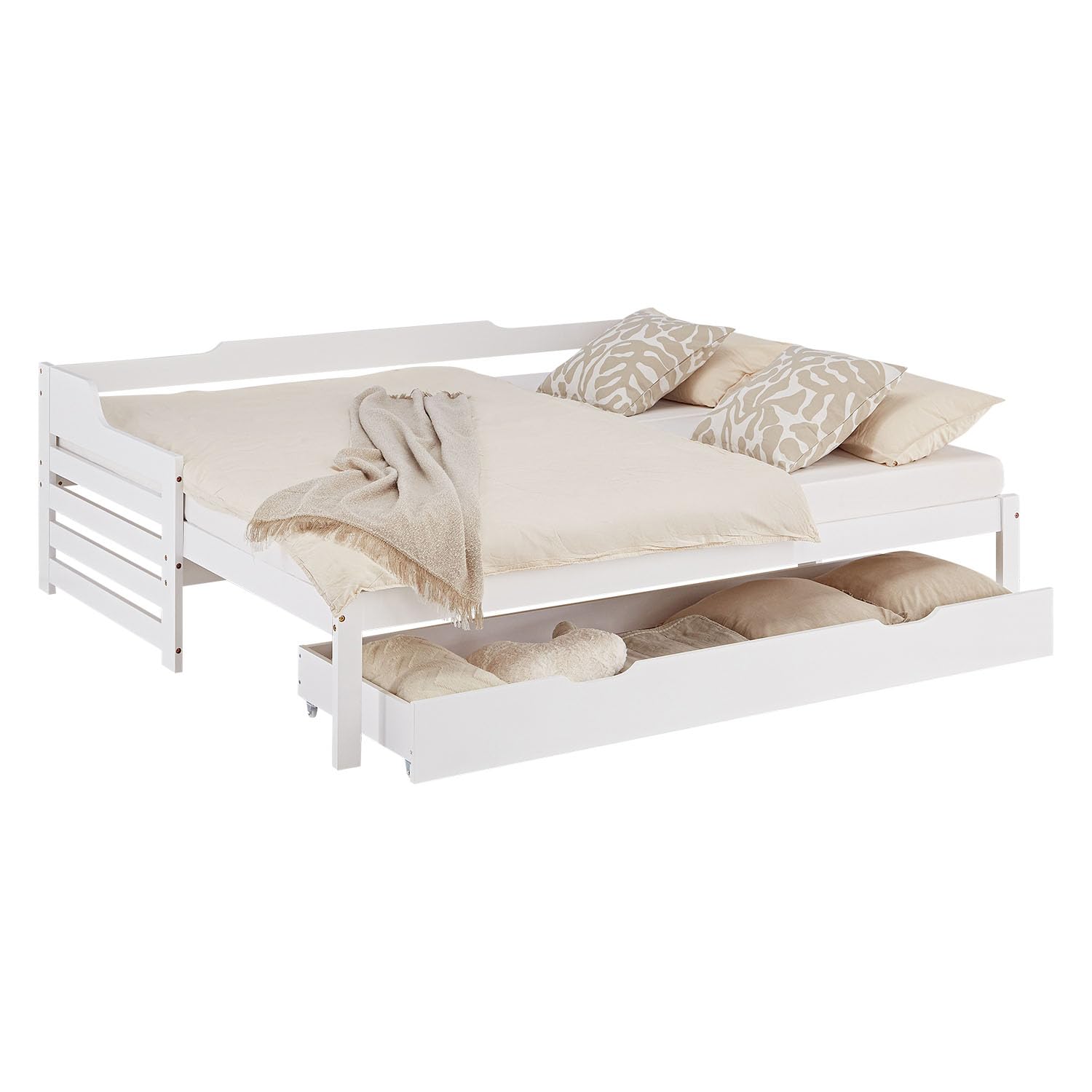 Homestyle4u Holzbett 90x200 Kinderbett Ausziehbett Weiß 2 Liegeflächen Gästebett 2 Personen