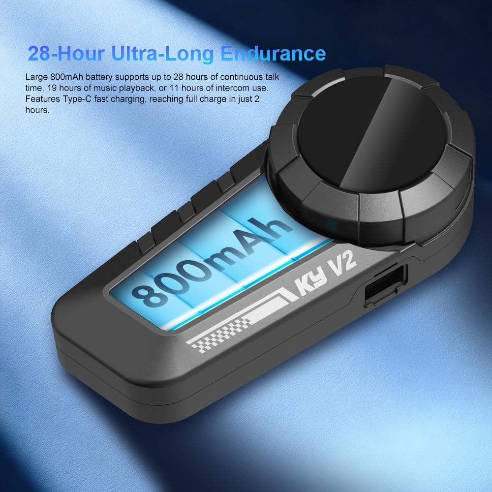 FreedConn KY V2 Casco Moto Bluetooth 6.0 Auricolare, Dual-Channel Mix, Condivisione Musica, 500m 2-Way Moto Interfono, Riduzione del Rumore Intelligente, Doppia Connessione Telefono, Assistente Vocale