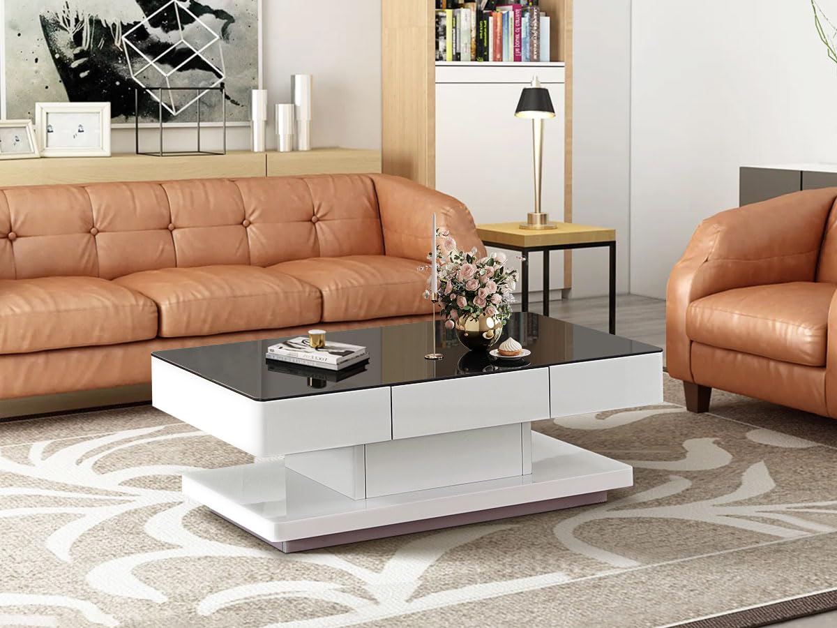 TUKAILAI Hochglanz Couchtisch mit 2 Schubladen und 8 mm Gehärtetem Glas, Glas Kaffeetisch Wohnzimmertisch mit Stauraum für Büro, Wohnzimmer, Möbel, Empfang, Wartebereich, Wartebereich Tisch