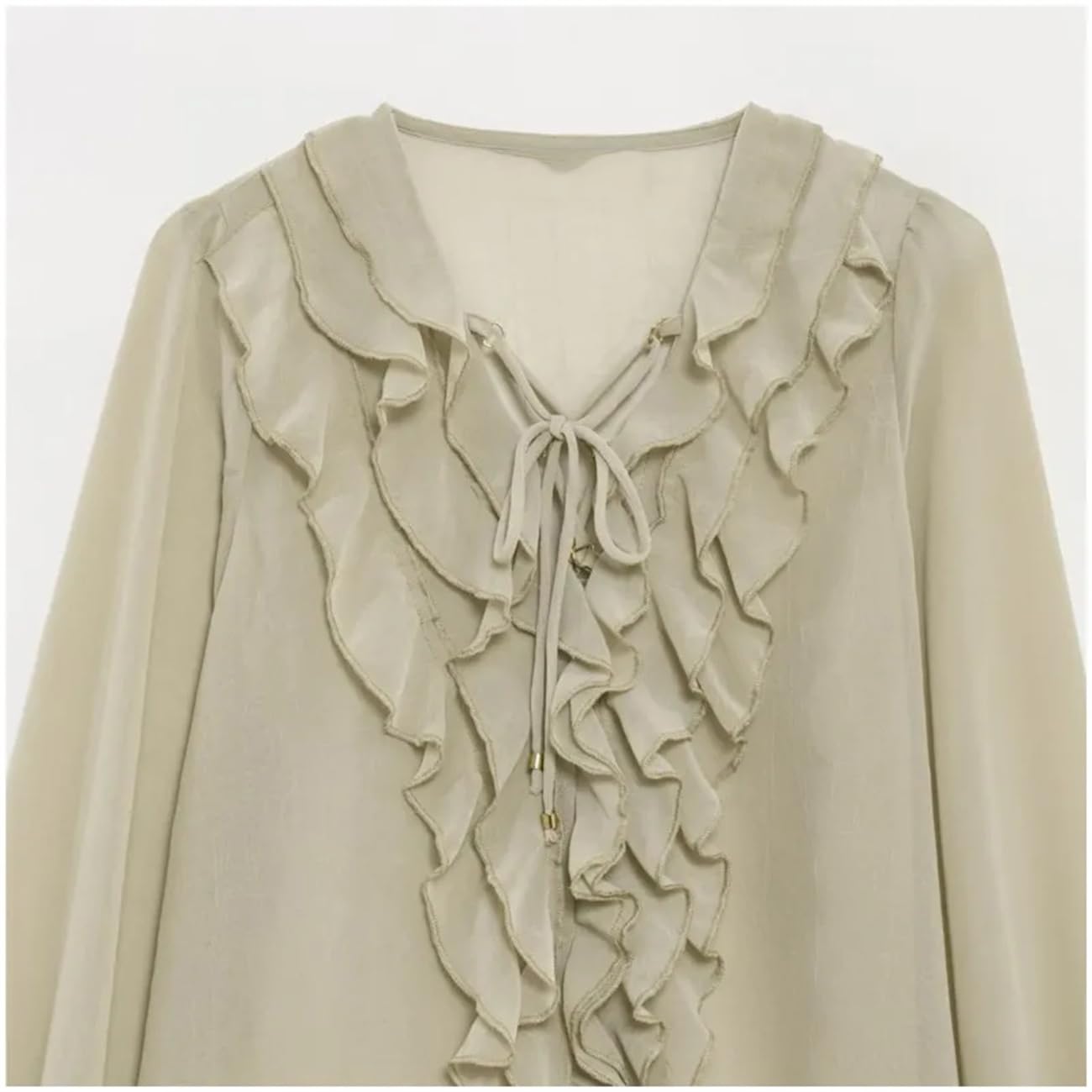 Halbtransparente Damenbluse mit Rüschenbesatz, Frühling, elegant, V-Ausschnitt, Schnürung, Damenbluse