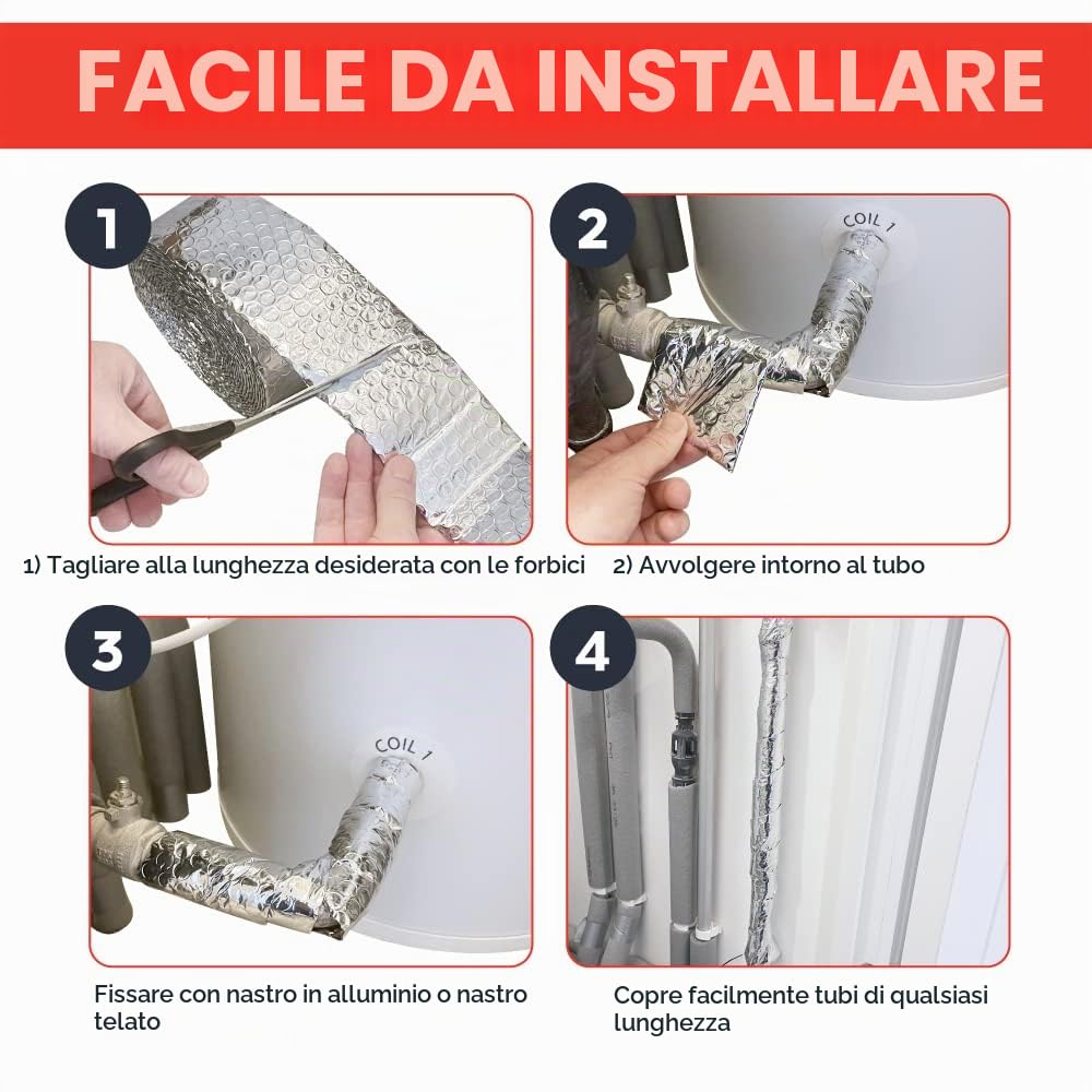 Pellicola isolante per tubi, 7,5 m x 80 mm, a risparmio energetico termico per isolamento di tubi e condotti interni o esterni