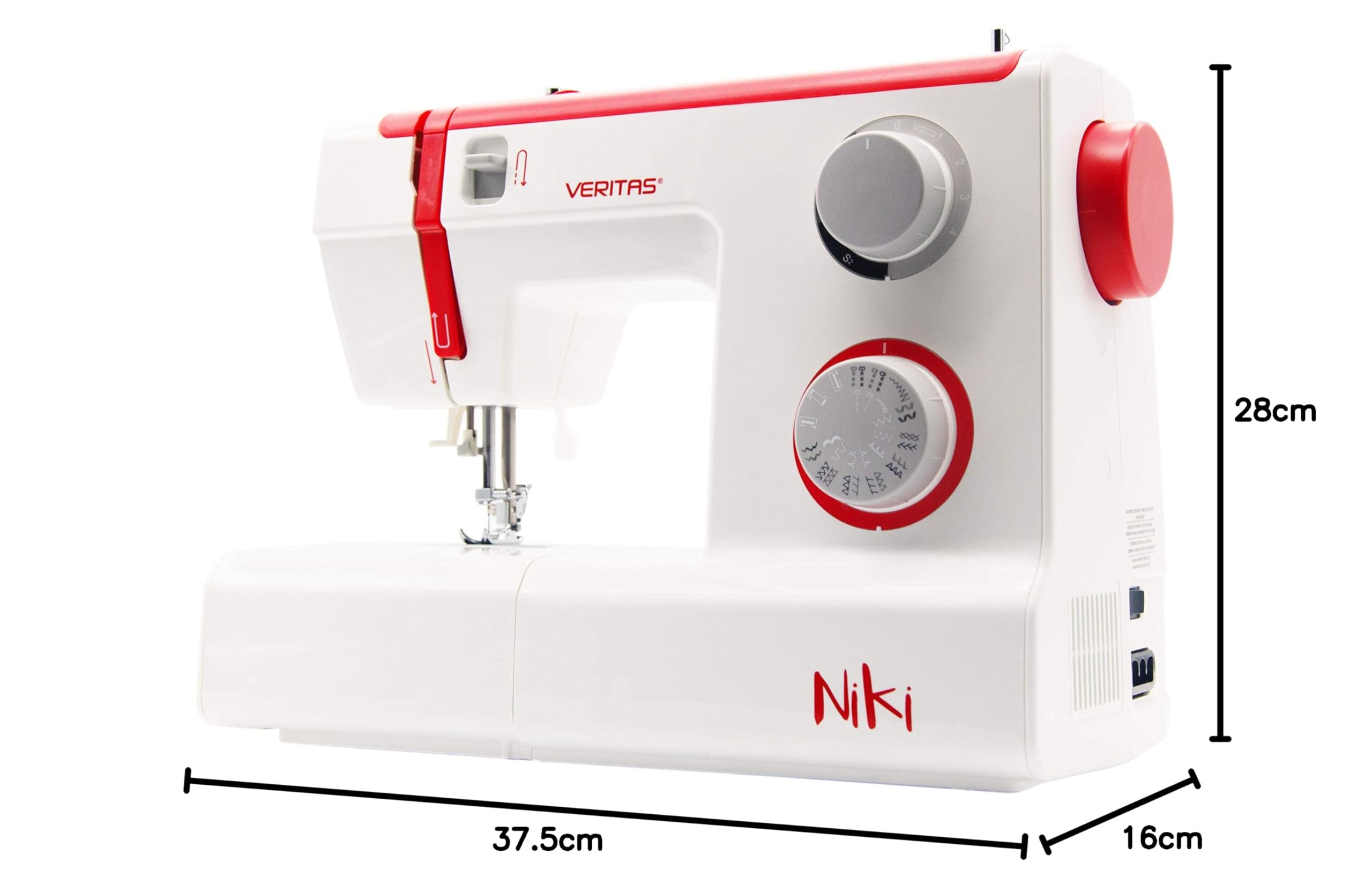 VERITAS Máquina de coser Niki I 23 programas de costura I Ayuda para enhebrar I Tensión automática del hilo & Cortador de hilo I Longitud del punto ajustable I Luz LED para coser (blanco-rojo)