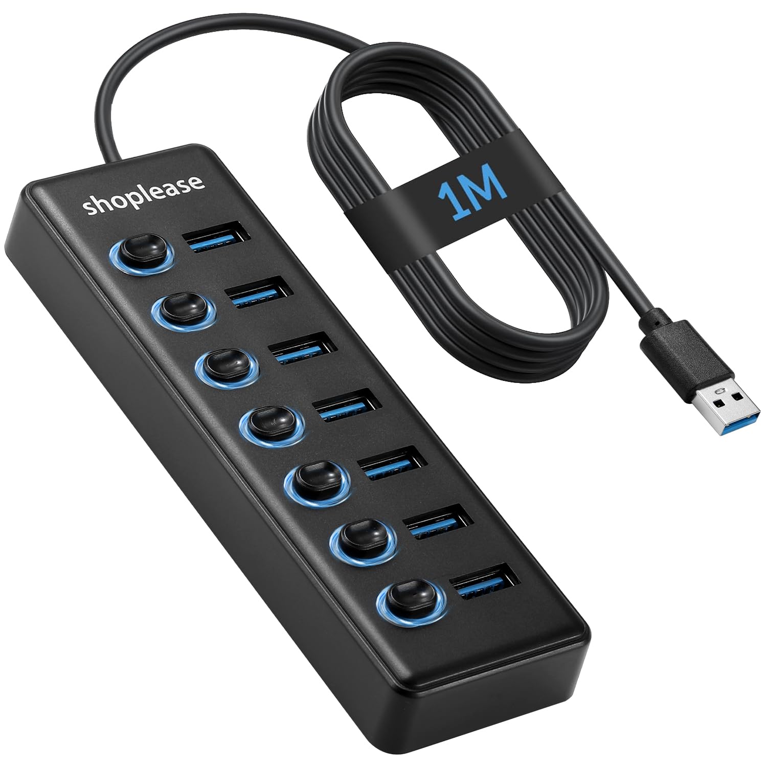 USB 3.0 SuperSpeed Hub with 1M Line, 7 Ports Splitter with Individual Power Switches and LED Light