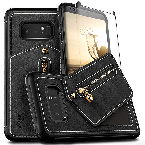 Zizo Nebula Wallet Series Compatible with Samsung Galaxy Note 8 Case with Tempered Glass Screen Protector Leather Folio Card Slots Black