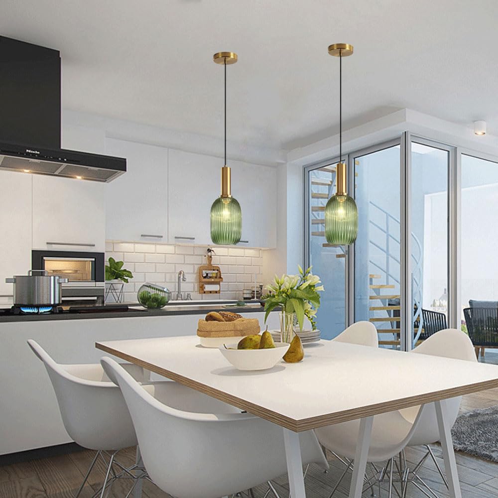 Lampada a sospensione in stile minimalista nordico, lampadario in vetro a strisce verdi, sorgente luminosa E26 lampada a ad altezza regolabile, apparecchi di illuminazione