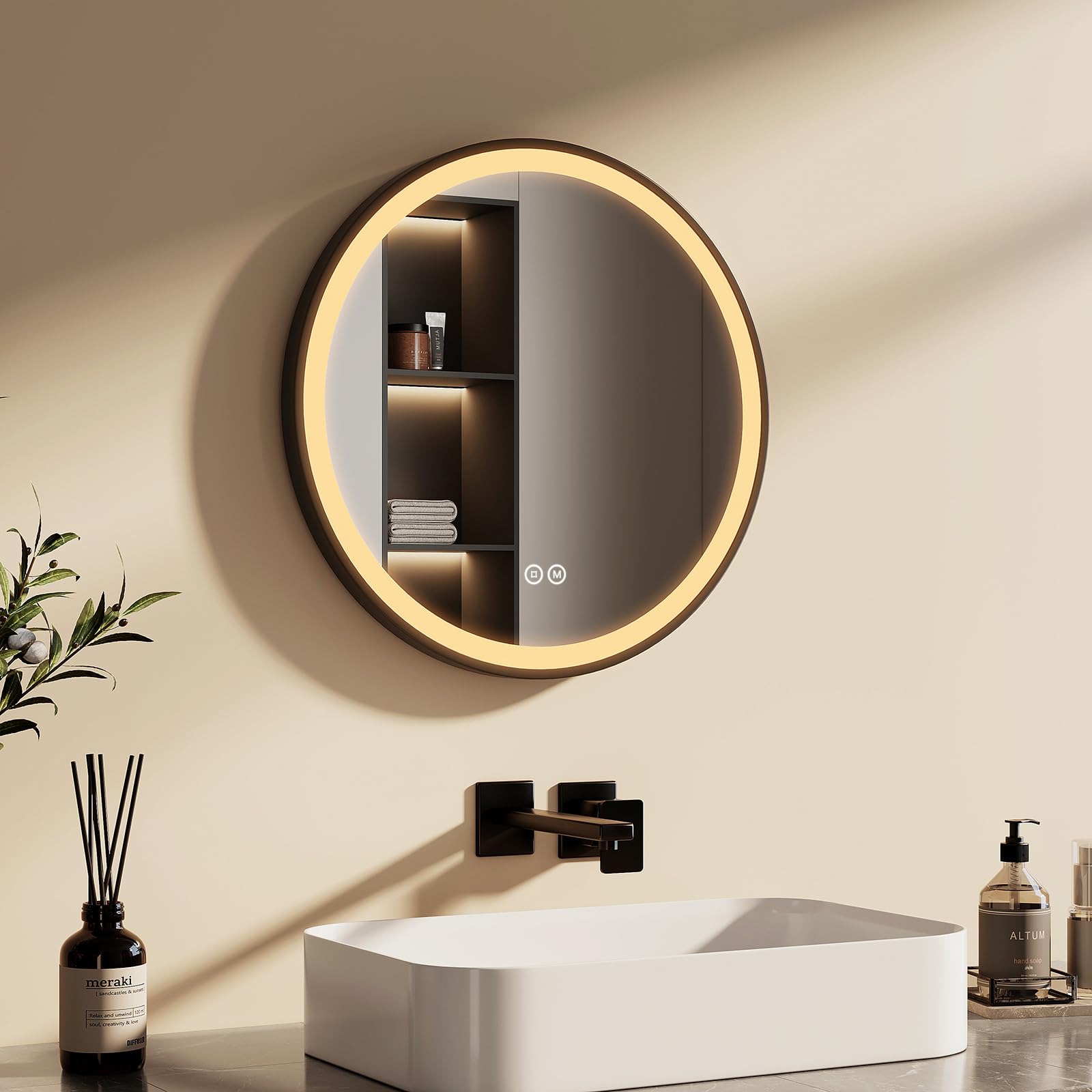 EMKE Specchio Bagno Rotondo con Luce 50 cm, Interruttore Tattile | Specchio Bagno LED con Bianca Fredda 6500K / Calda 3000K / Neutra 4000K