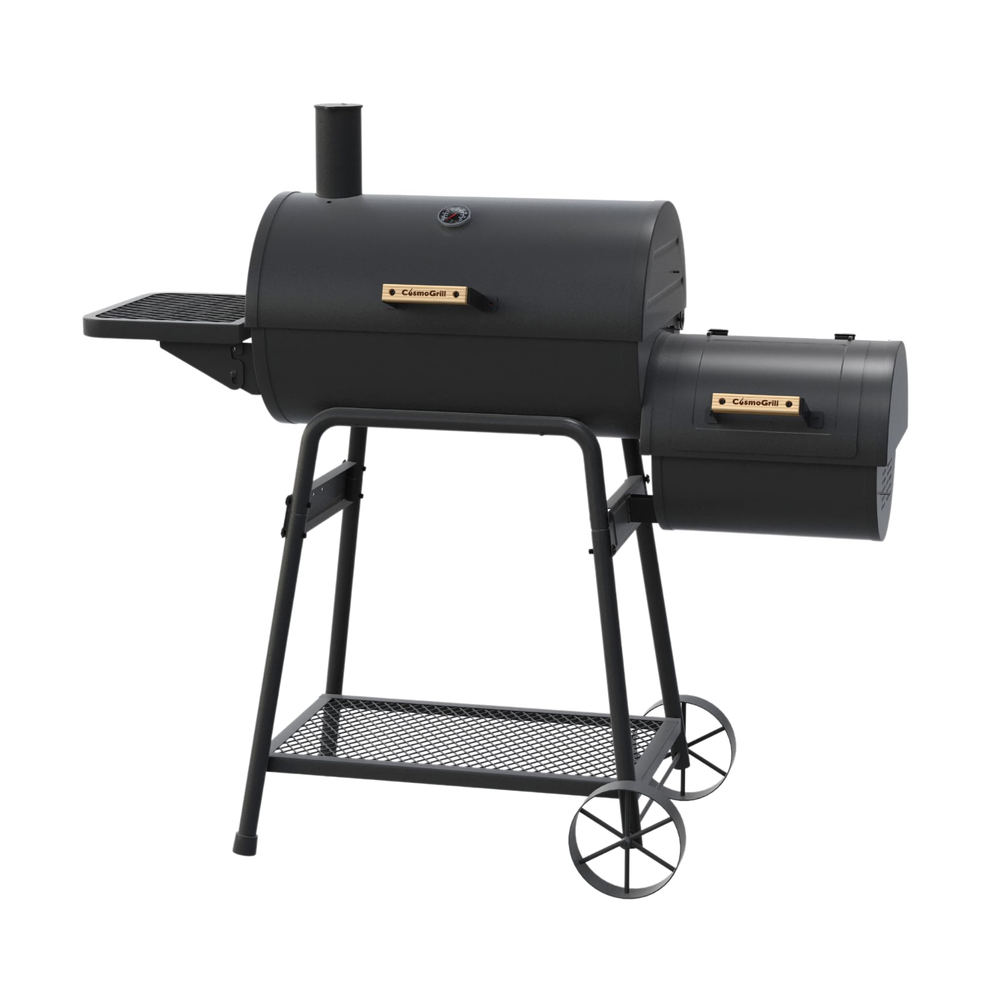 CosmoGrill NEW Cinder Offset Smoker Charcoal Barbecue, Portable Charcoal BBQ Grill with Dual Chamber, Handle, Foldable Side Table & Storage Rack for Garden, Patio, Outdoor Camping, Black.