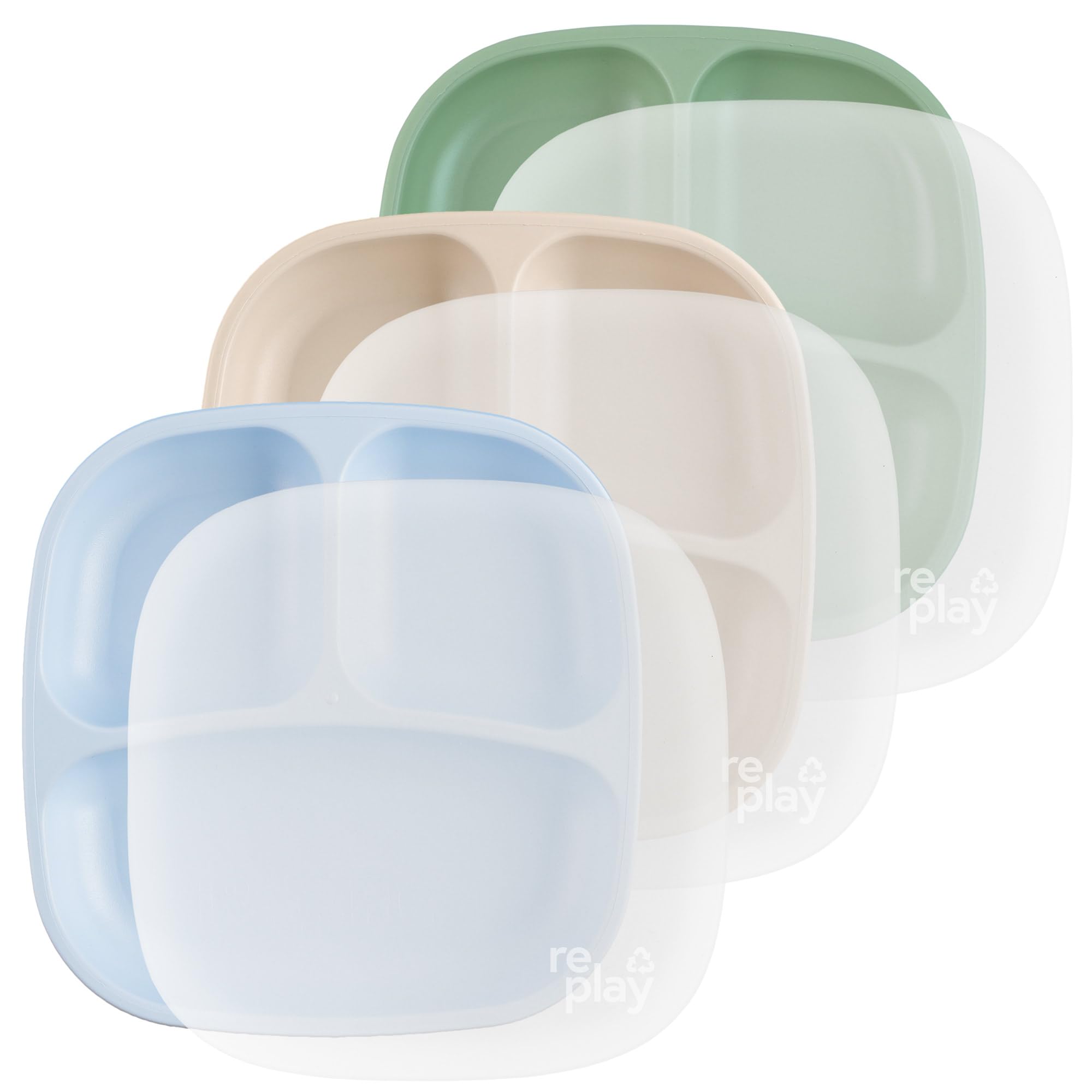 Re-Play Divided Toddler Plates Set of 3 - Deep-Walled 3 Compartment Kids Plates for Picky Eaters - Dishwasher &amp; Microwave Safe - BPA-Free - Made in USA, Beach Baby