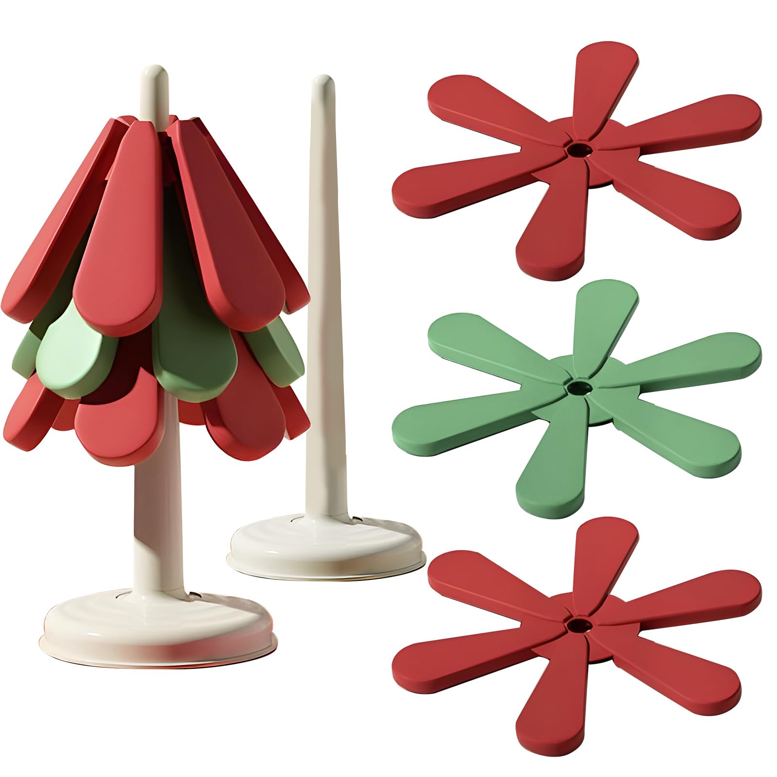 Sottopentola a forma di albero di Natale, 2 pezzi, protezione pieghevole in silicone per albero di Natale, sottobicchiere isolante, set di piatti caldi, per piano di lavoro del tavolo