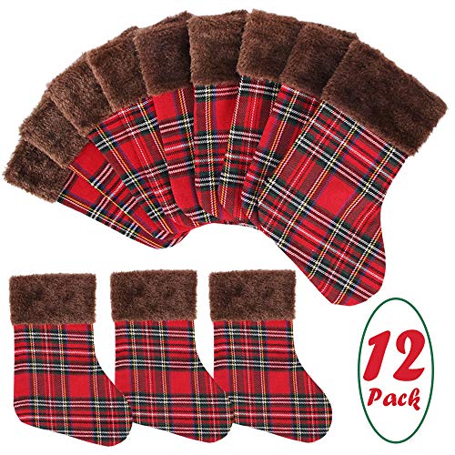 Partybus Mini Christmas Stockings 9 Inch 12 Pack, Small Rustic Plaid Xmas Decorations with Faux Fur Cuff, Bulk Gift Card Holders Treat Bags for Family Dog Cat - Thumbnail 3
