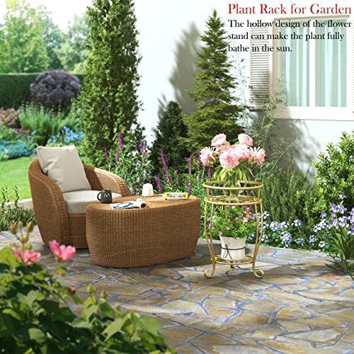 Veakoo Metal Plant Stand Indoor Outdoor,2 Tier Tall Flower Pot Shelf Planter Holder Pedestal Round Sheves Rustproof Wrought Iron Heavy Duty Rack For Corner Garden, Golden, 19.37 Inch #TOP2