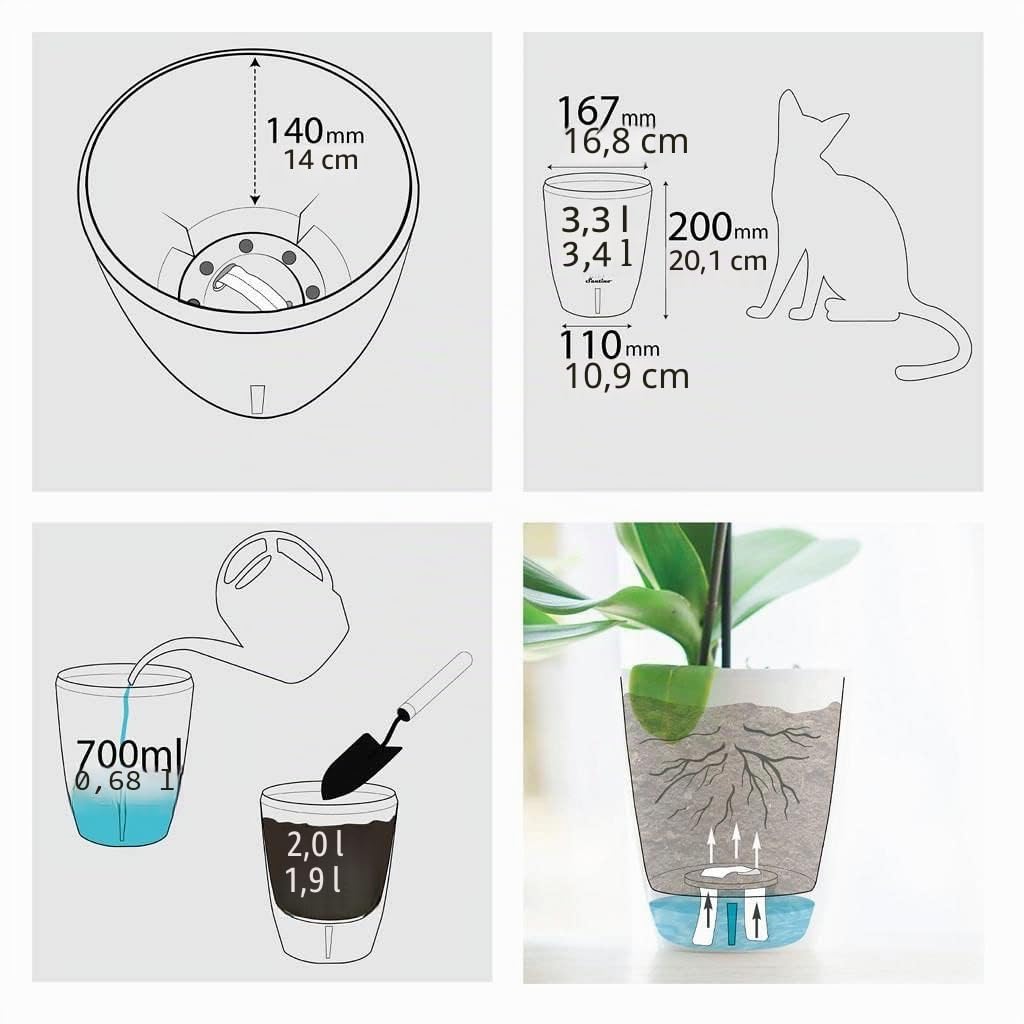 Santino Set di 4 Vasi Auto-irriganti con Sistema a Fiocco e Indicatore del Livello dell'Acqua per Uso Interno, Vaso per Orchidee Diametro 16,5 cm (Bianco - 3,3 L)